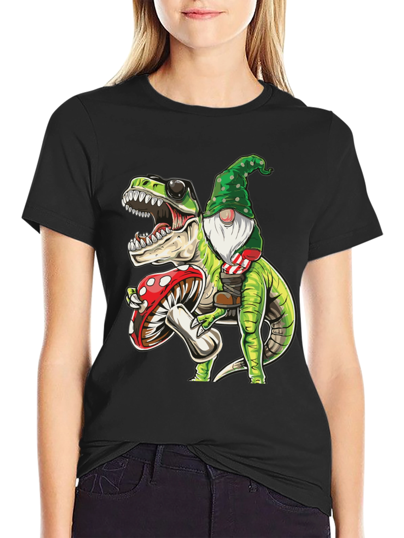 Gnome Riding T-Rex Graphic Tee - Fun Novelty Shirt