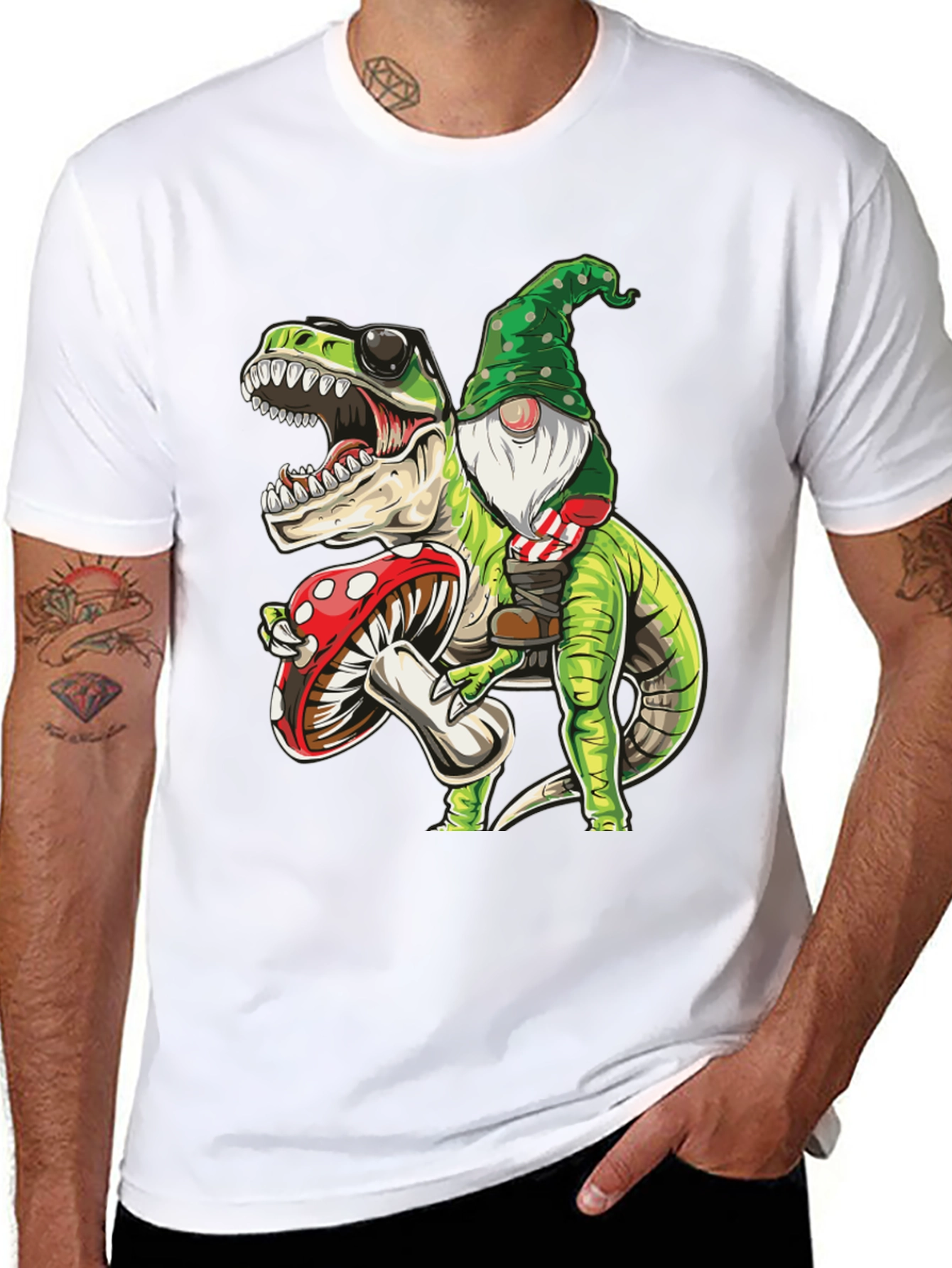 Gnome Riding T-Rex Graphic Tee - Fun Novelty Shirt