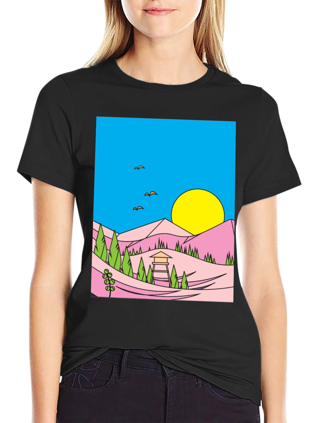 Sunset Vista Graphic Tee - Black Cotton Blend