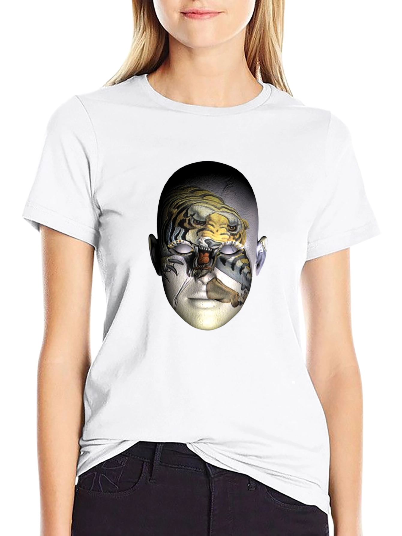 Surreal Tiger Face Graphic Print Black T-Shirt