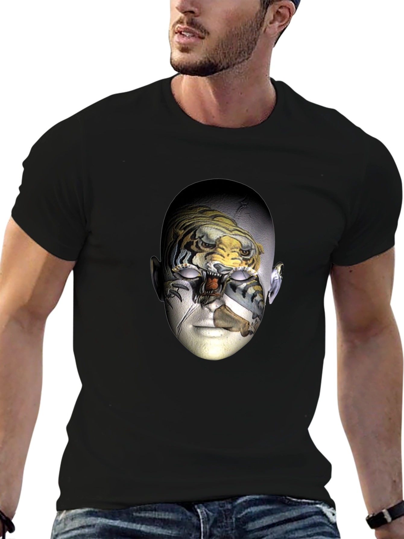 Surreal Tiger Face Graphic Print Black T-Shirt