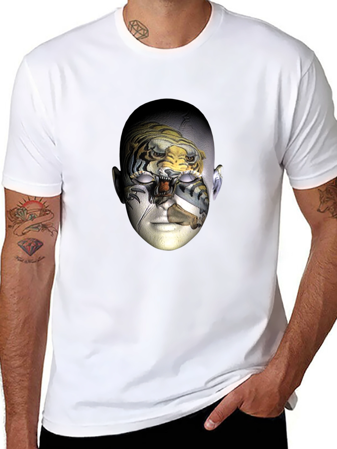 Surreal Tiger Face Graphic Print Black T-Shirt