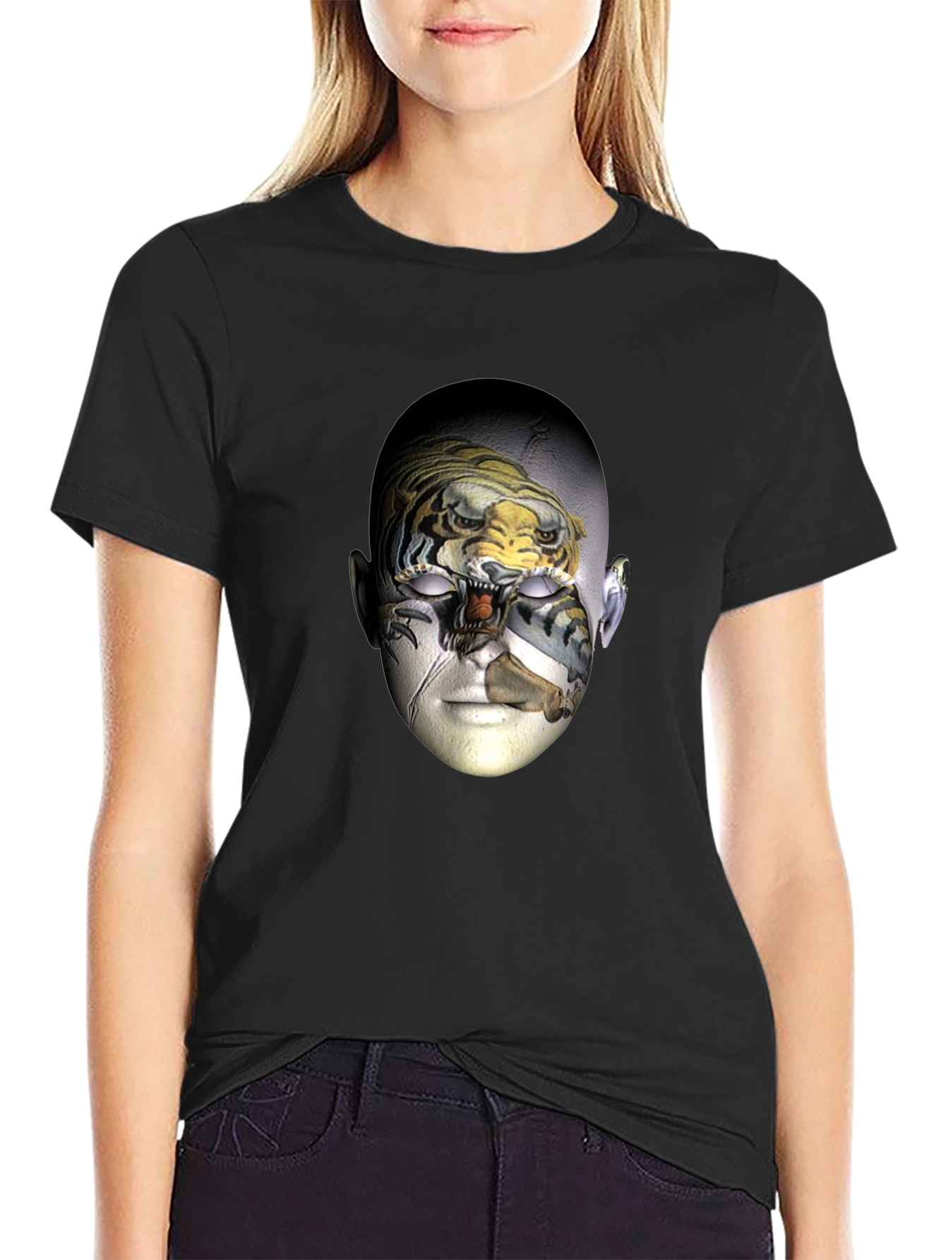 Surreal Tiger Face Graphic Print Black T-Shirt