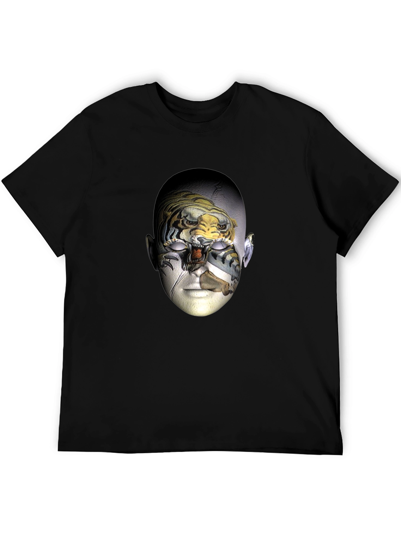 Surreal Tiger Face Graphic Print Black T-Shirt