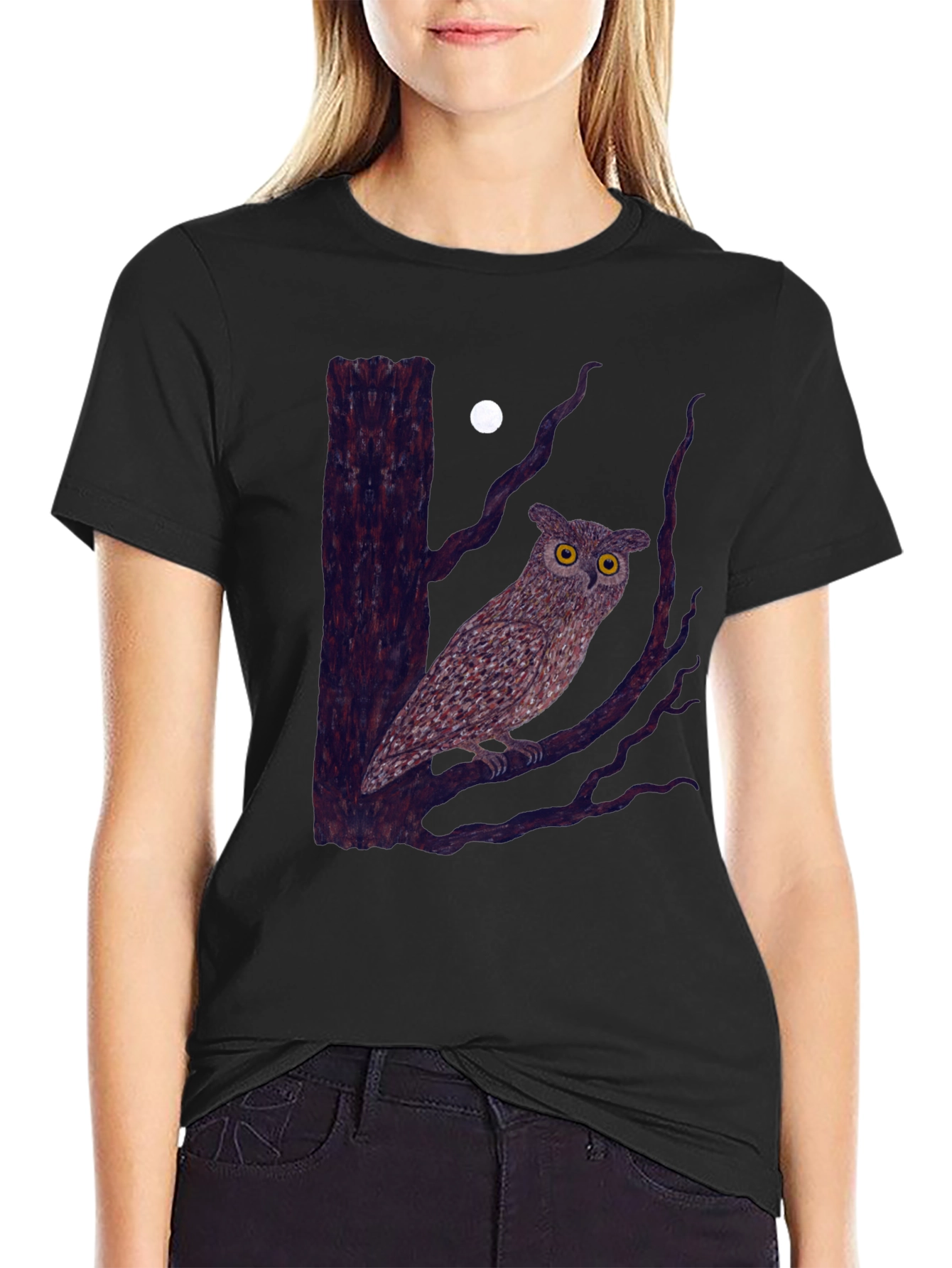 Owl and Moon Graphic Tee - Black Cotton