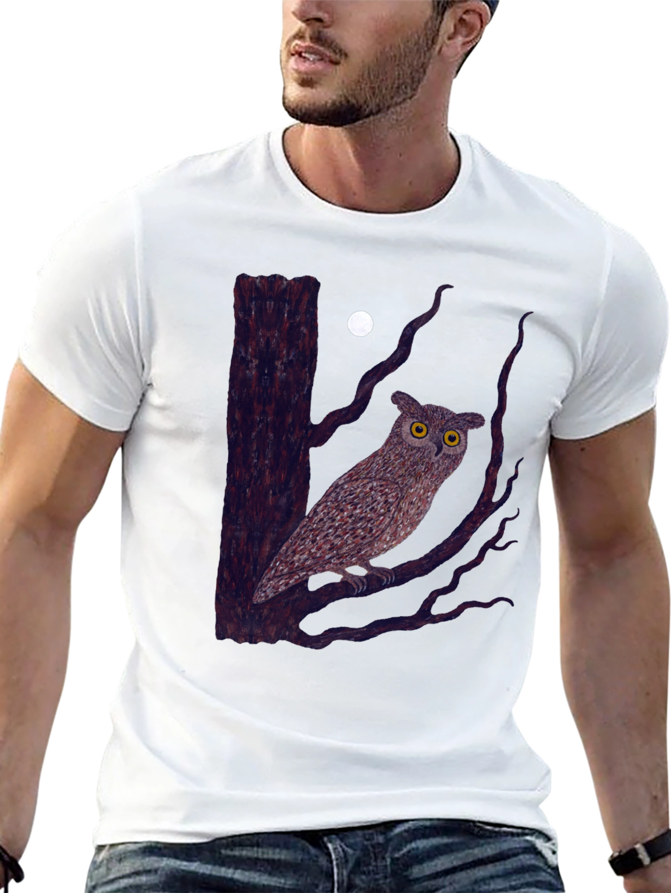Owl and Moon Graphic Tee - Black Cotton
