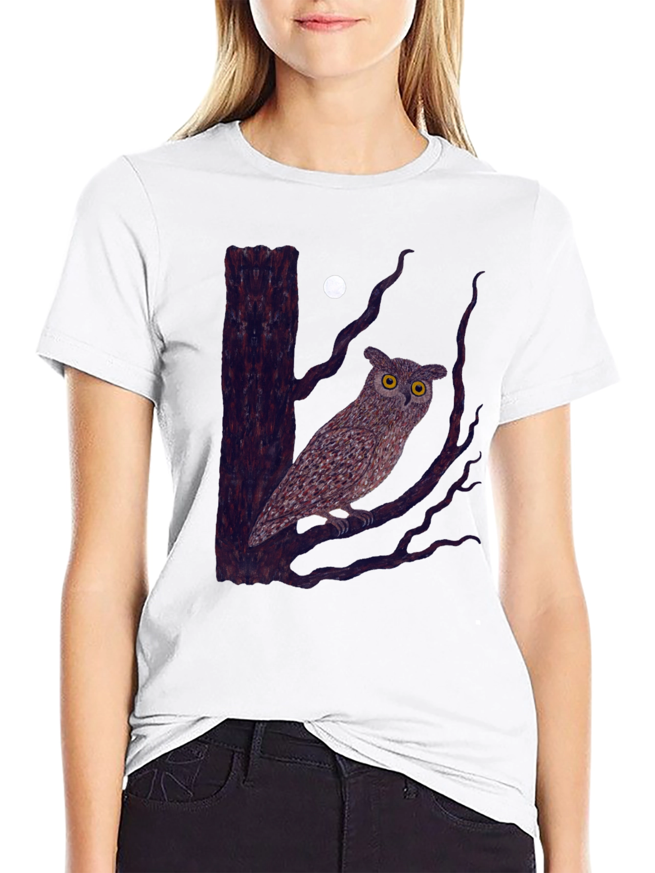Owl and Moon Graphic Tee - Black Cotton