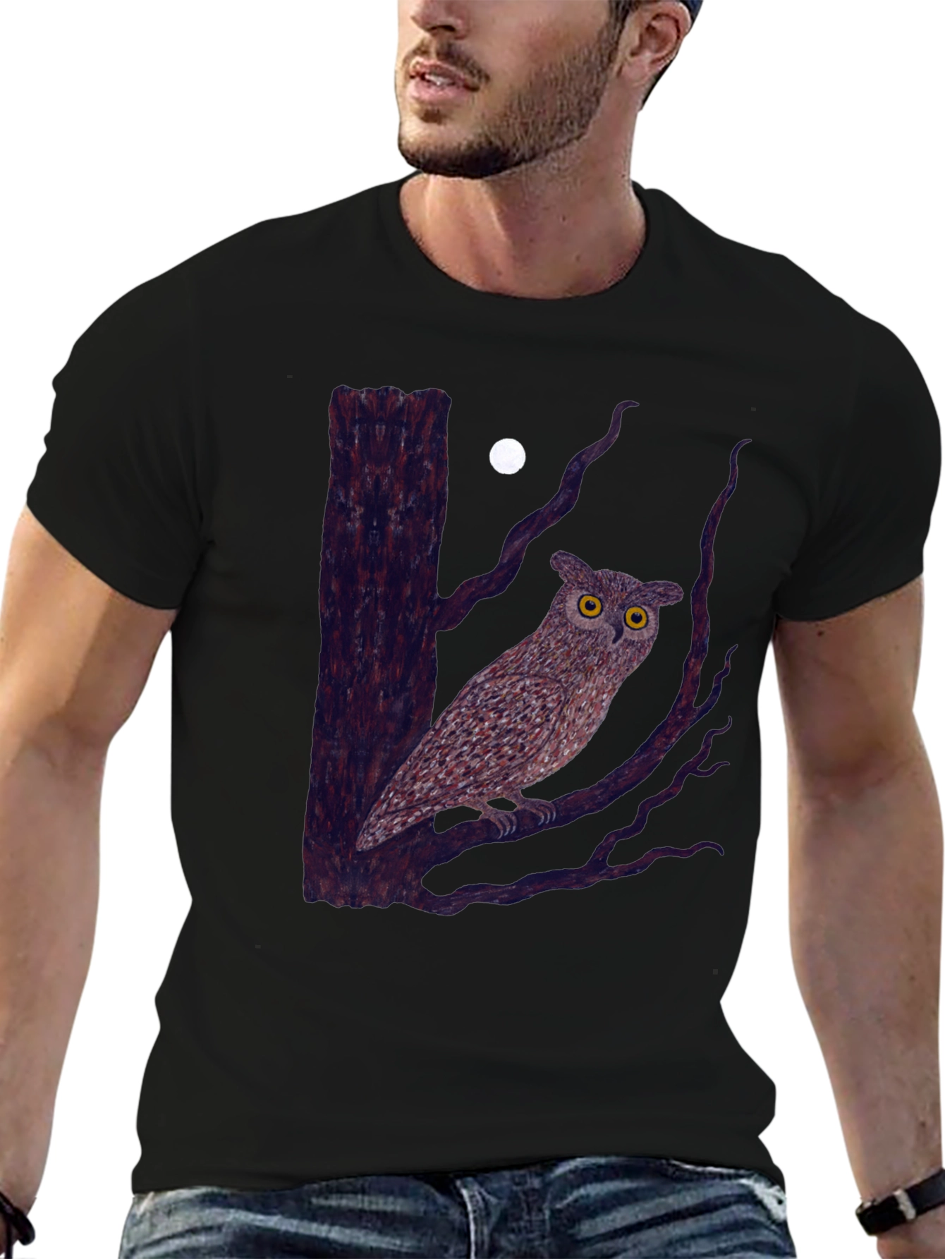 Owl and Moon Graphic Tee - Black Cotton