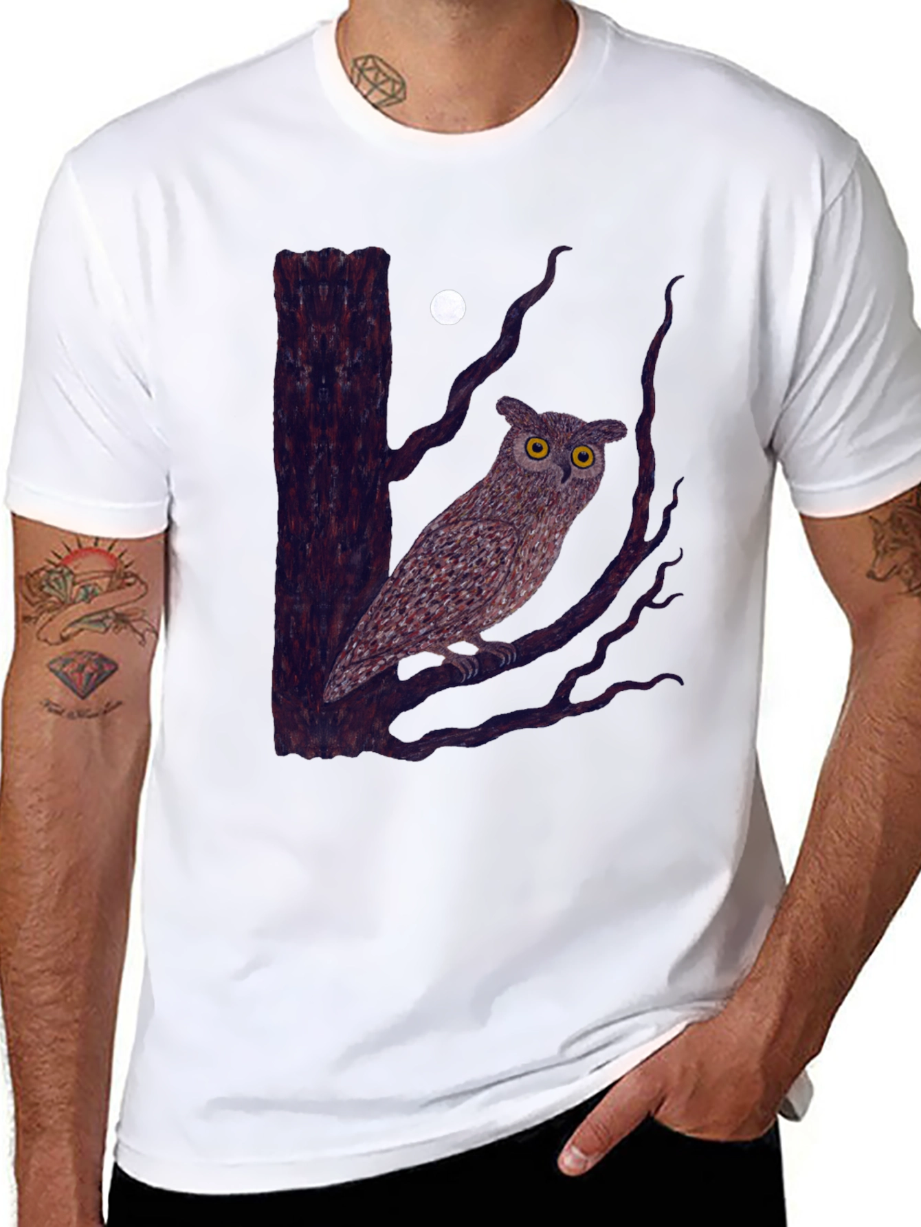 Owl and Moon Graphic Tee - Black Cotton
