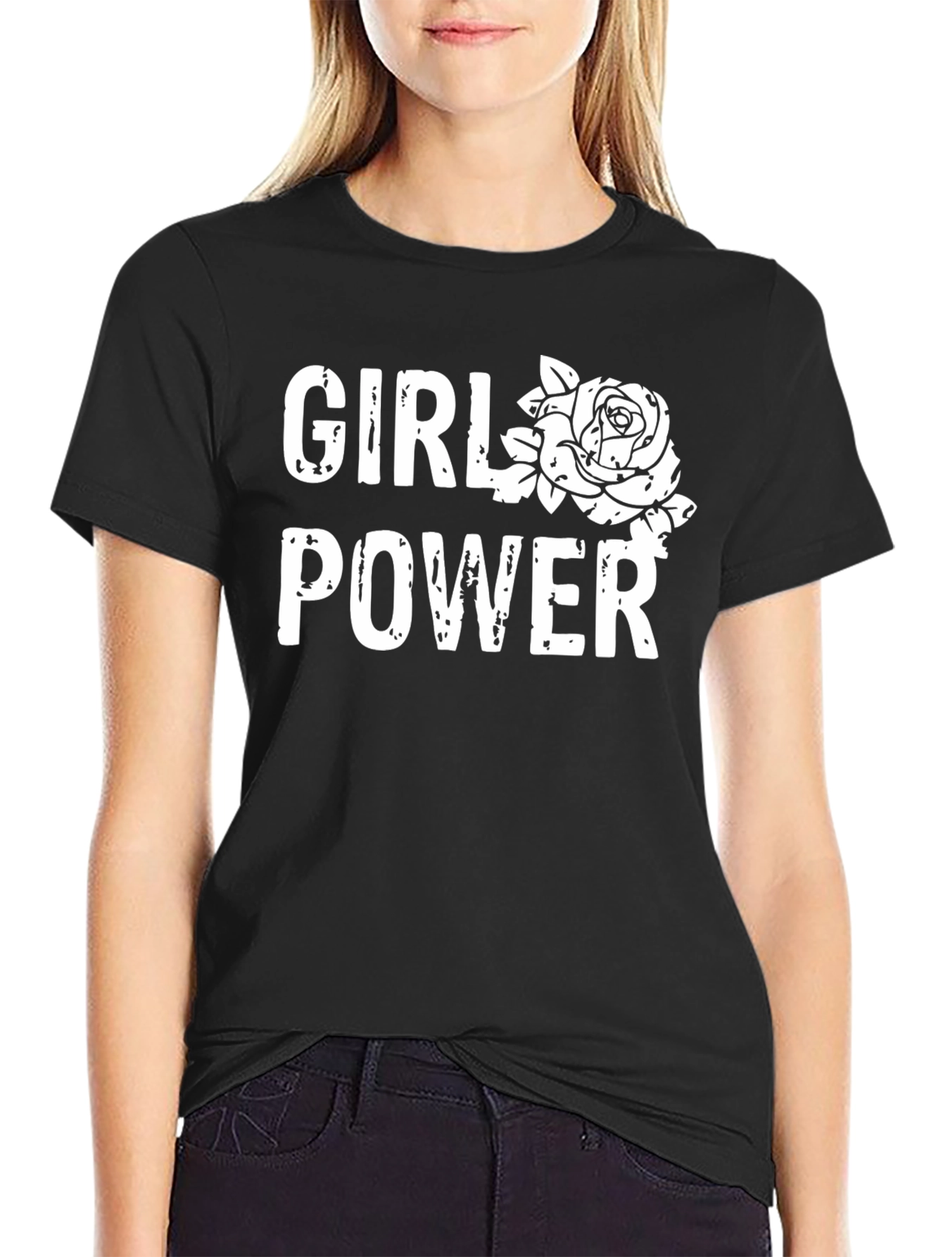 Girl Power Rose Graphic T-Shirt - Black Cotton Tee