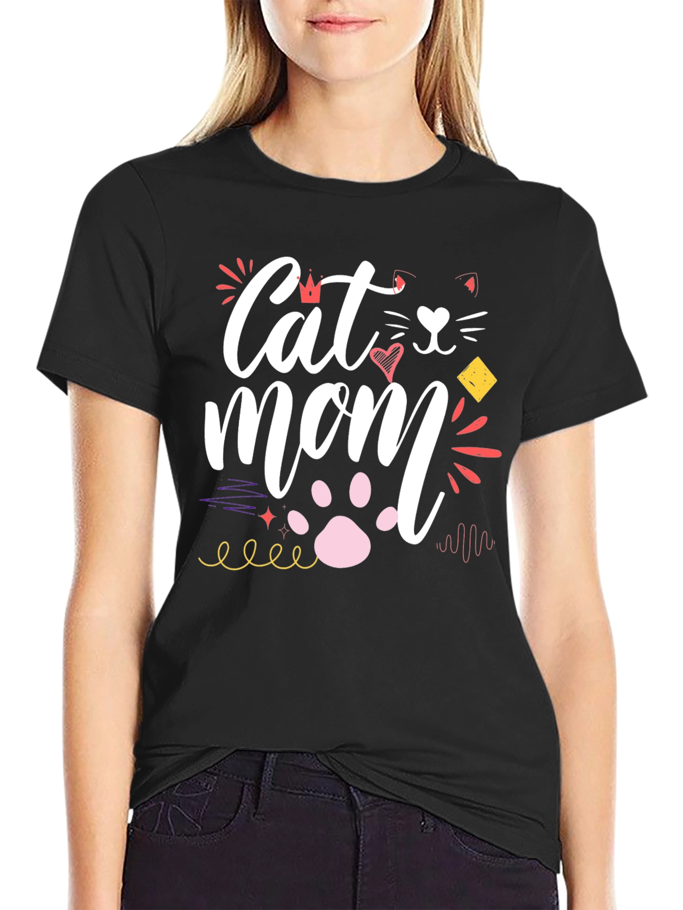 Cat Mom Graphic Tee - Black Cotton T-Shirt