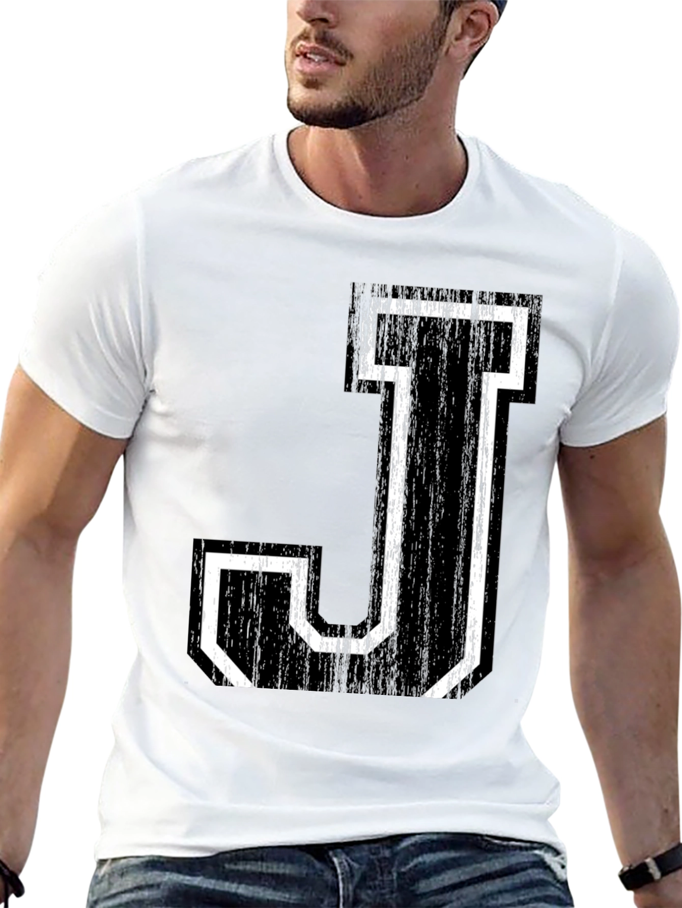 Letter J Graphic Tee - Black Cotton Shirt