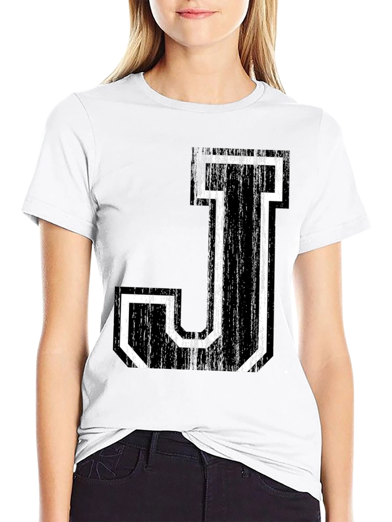 Letter J Graphic Tee - Black Cotton Shirt