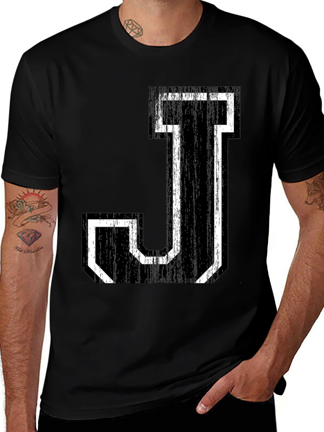 Letter J Graphic Tee - Black Cotton Shirt