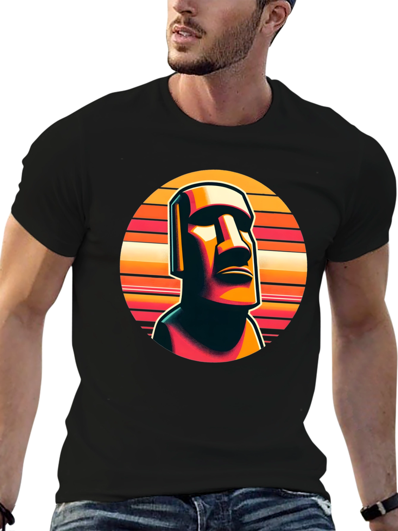 Moai Statue Graphic Tee - Retro Style