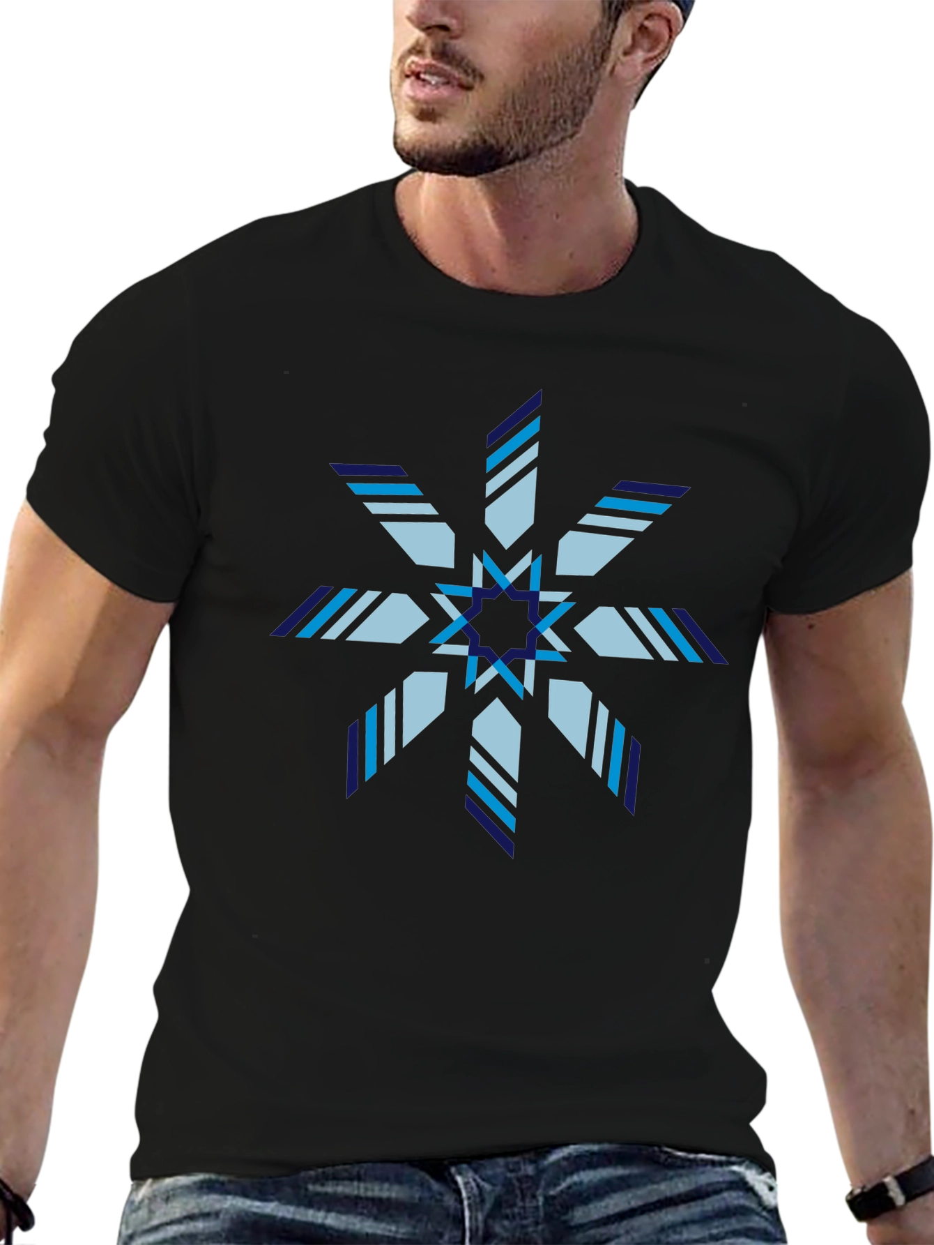 Geometric Snowflake Graphic Print Black T-Shirt