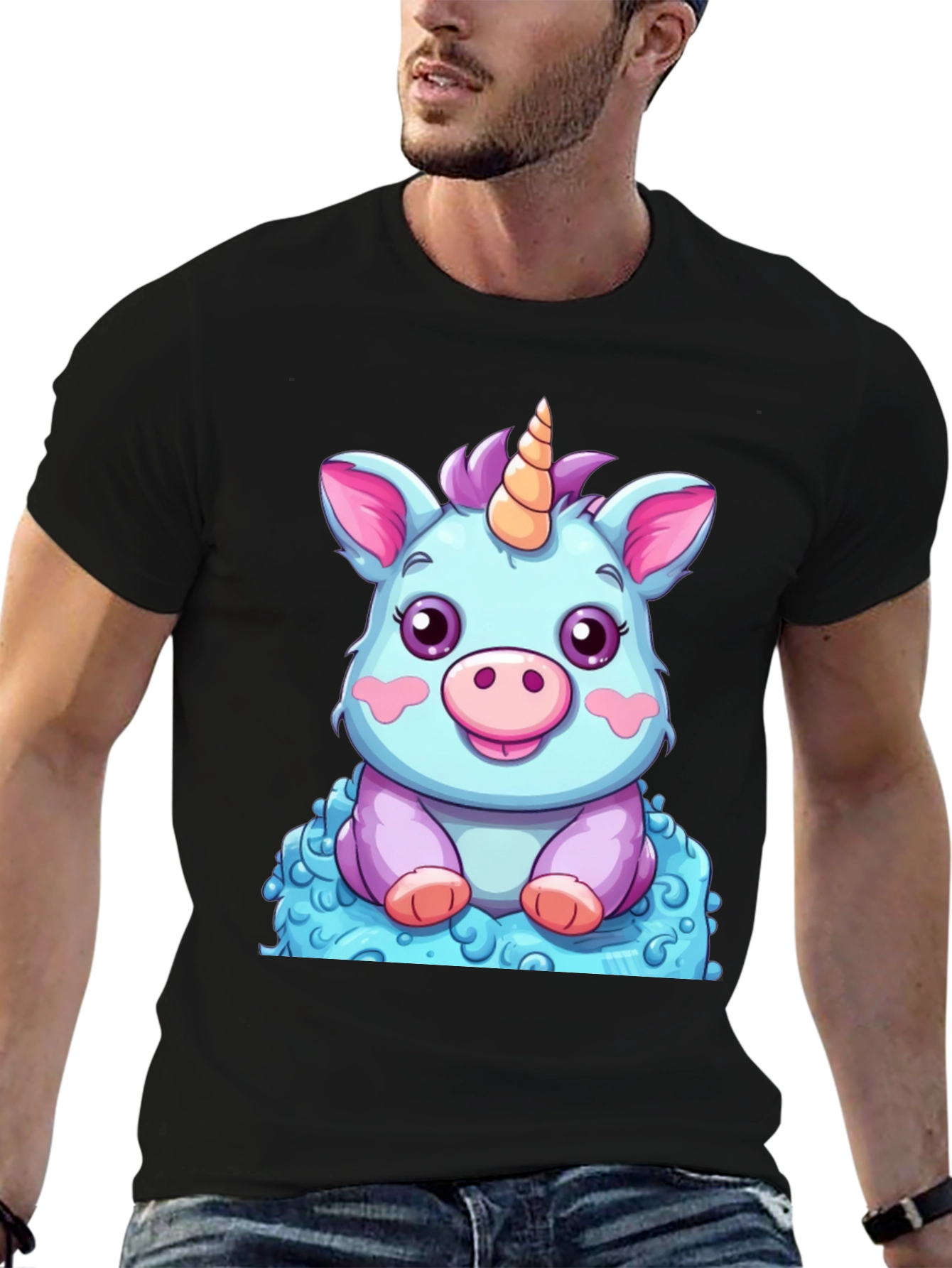 Cute Unicorn Cartoon Graphic Black T-Shirt
