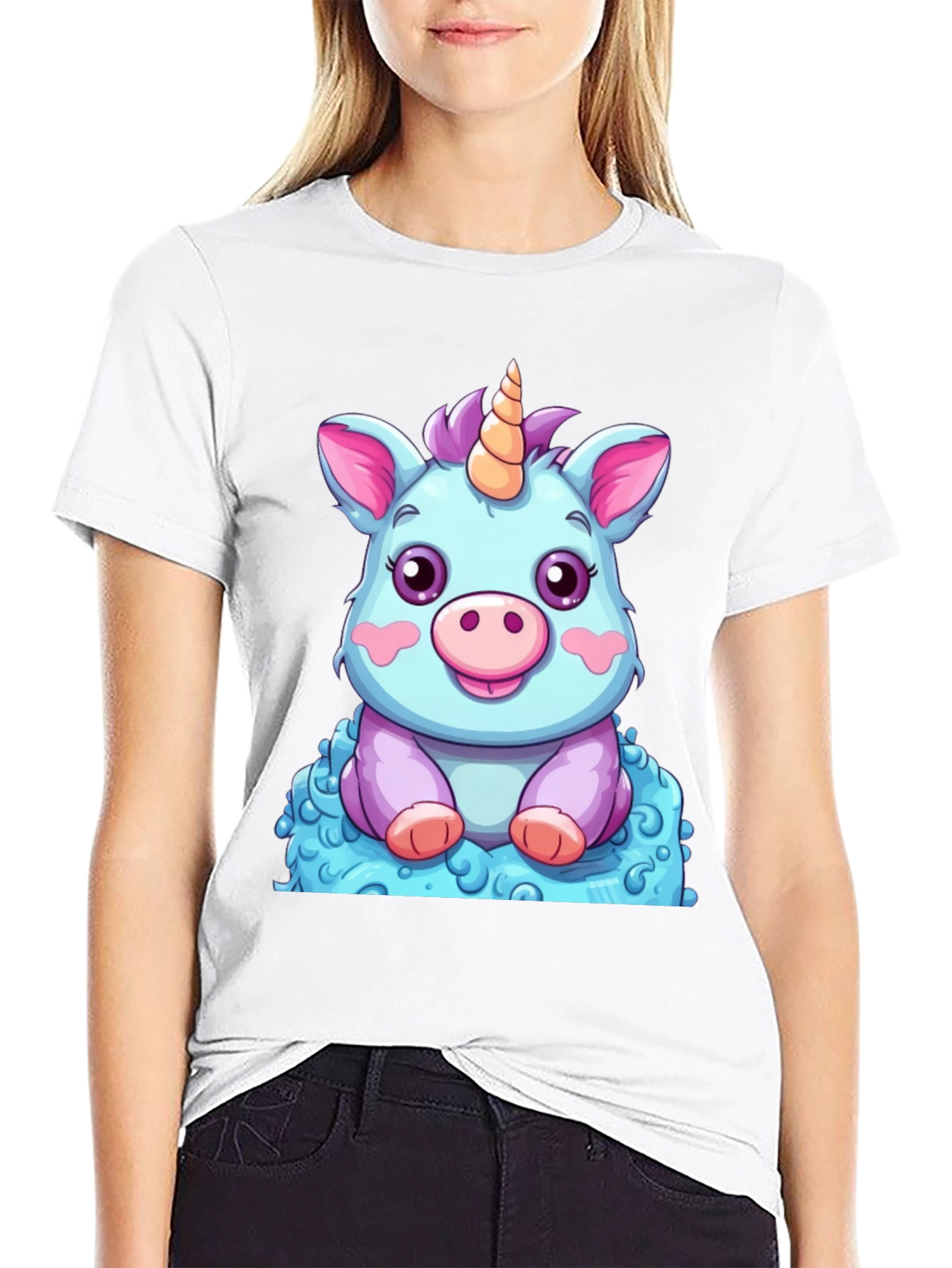 Cute Unicorn Cartoon Graphic Black T-Shirt
