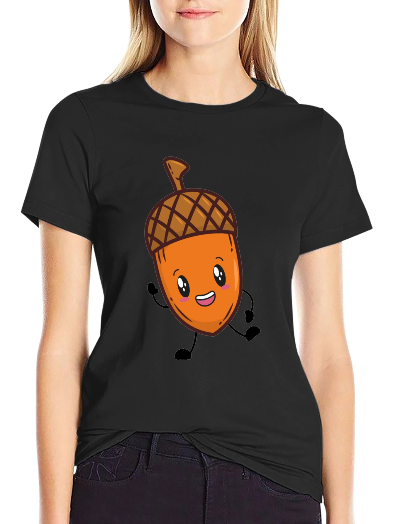 Cute Acorn Cartoon Graphic Black T-Shirt