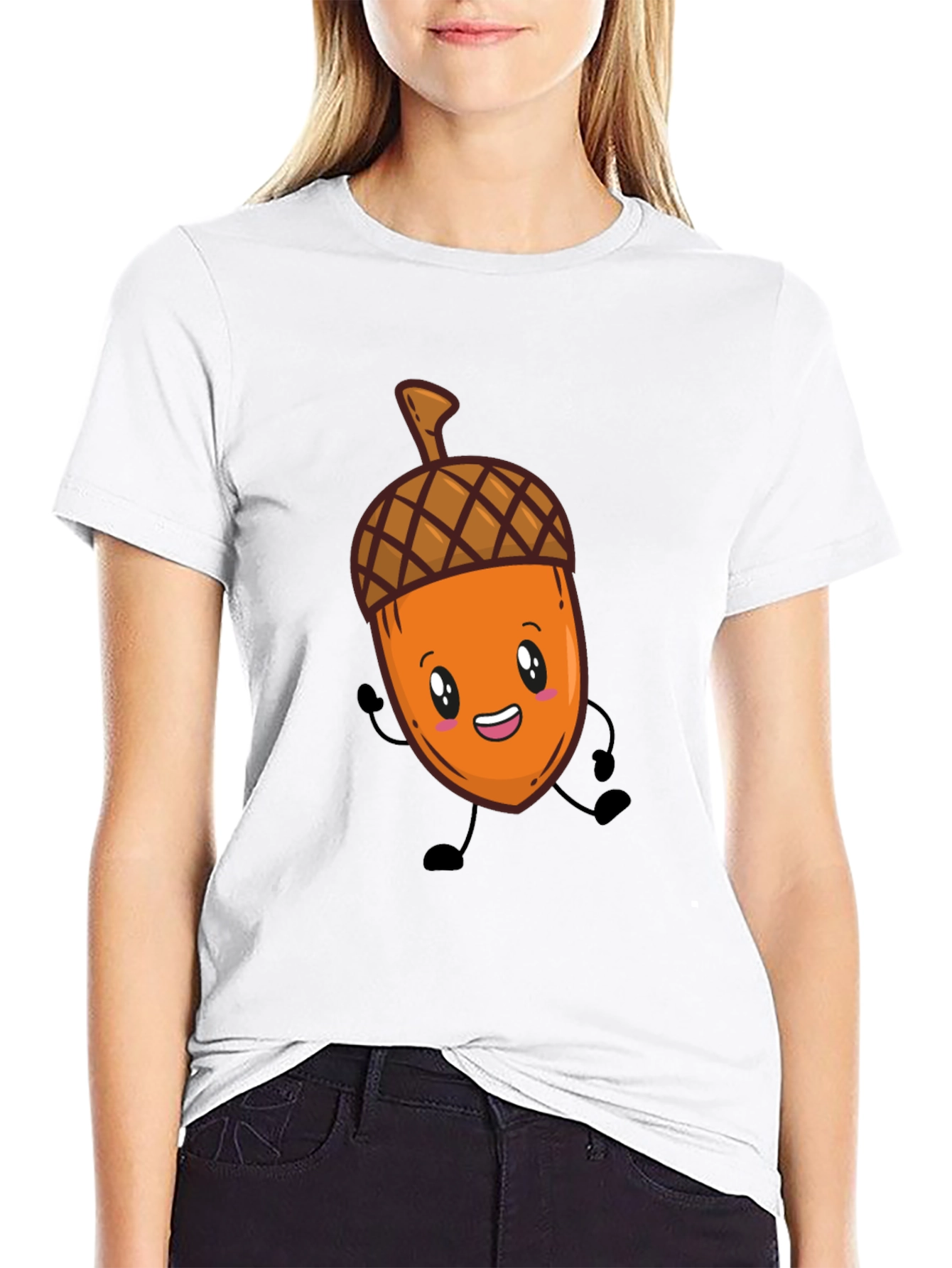 Cute Acorn Cartoon Graphic Black T-Shirt