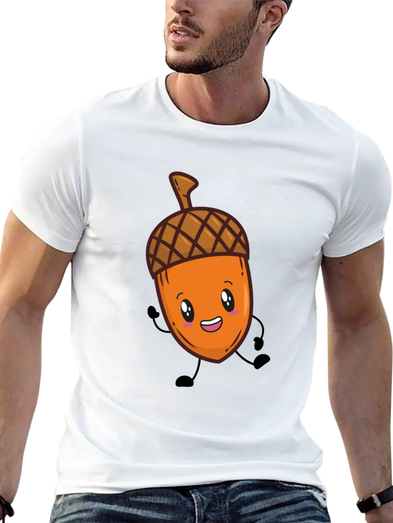 Cute Acorn Cartoon Graphic Black T-Shirt