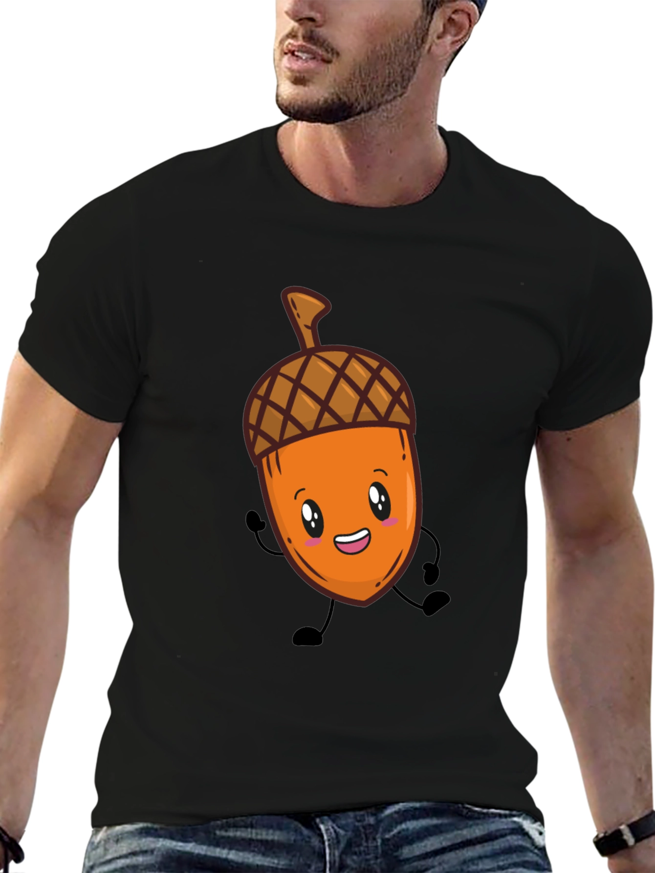 Cute Acorn Cartoon Graphic Black T-Shirt