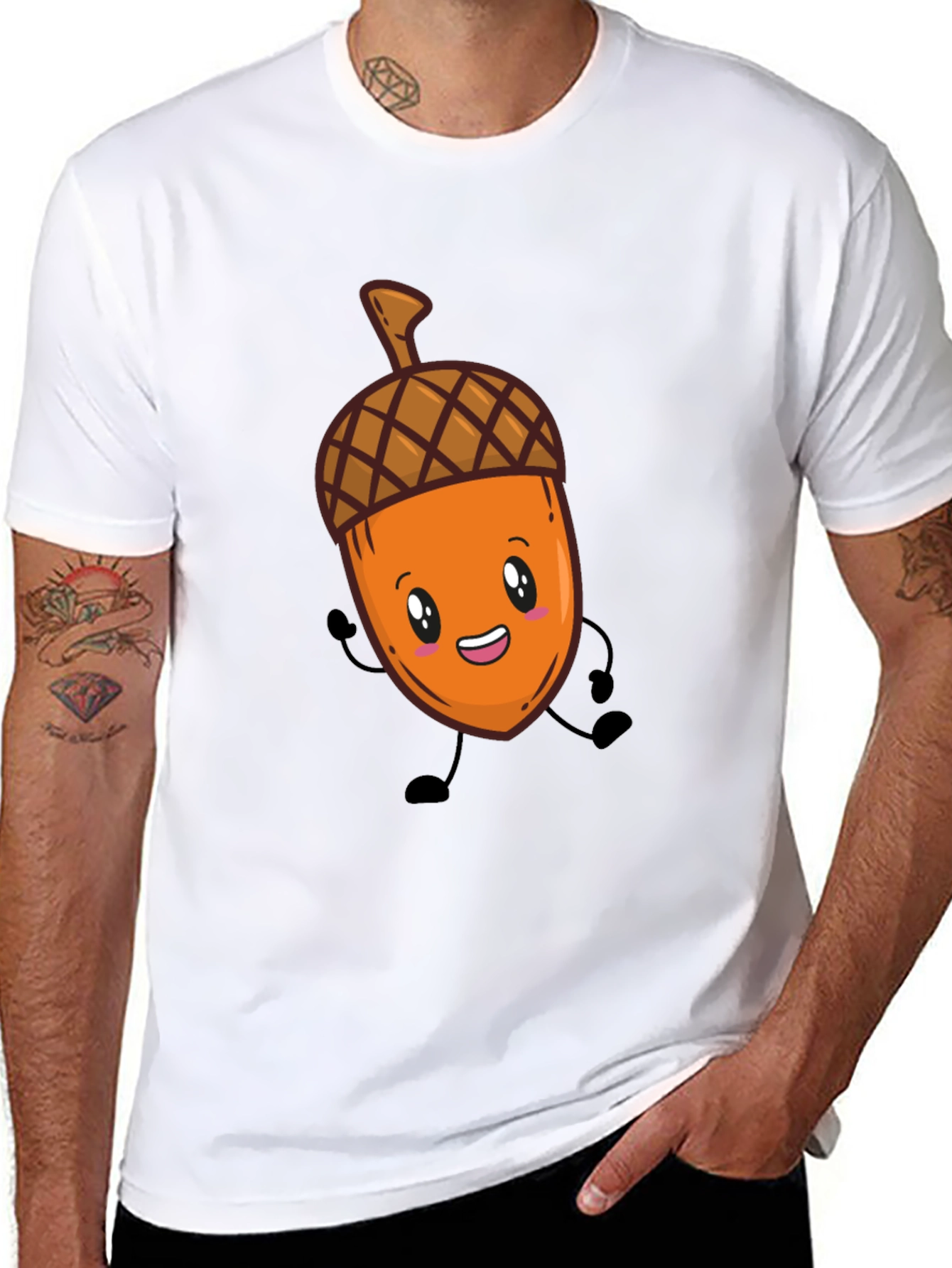 Cute Acorn Cartoon Graphic Black T-Shirt