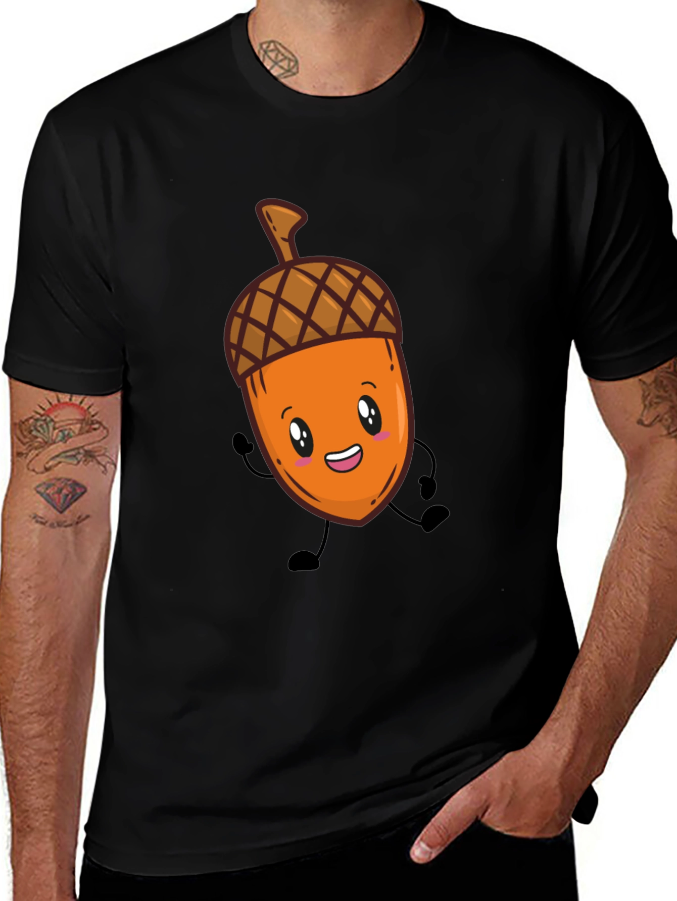 Cute Acorn Cartoon Graphic Black T-Shirt