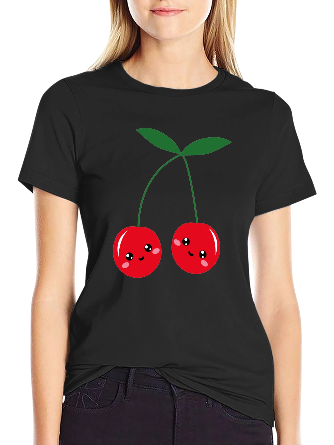 Cute Cherry Graphic Black T-Shirt
