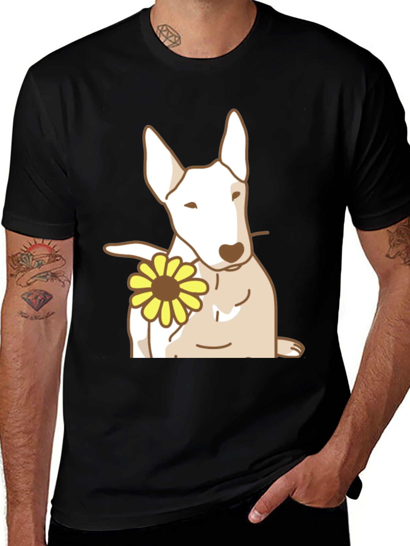Dog with Flower Graphic Tee - Black