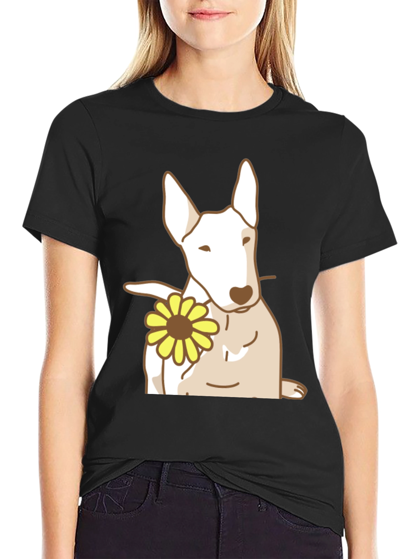 Dog with Flower Graphic Tee - Black
