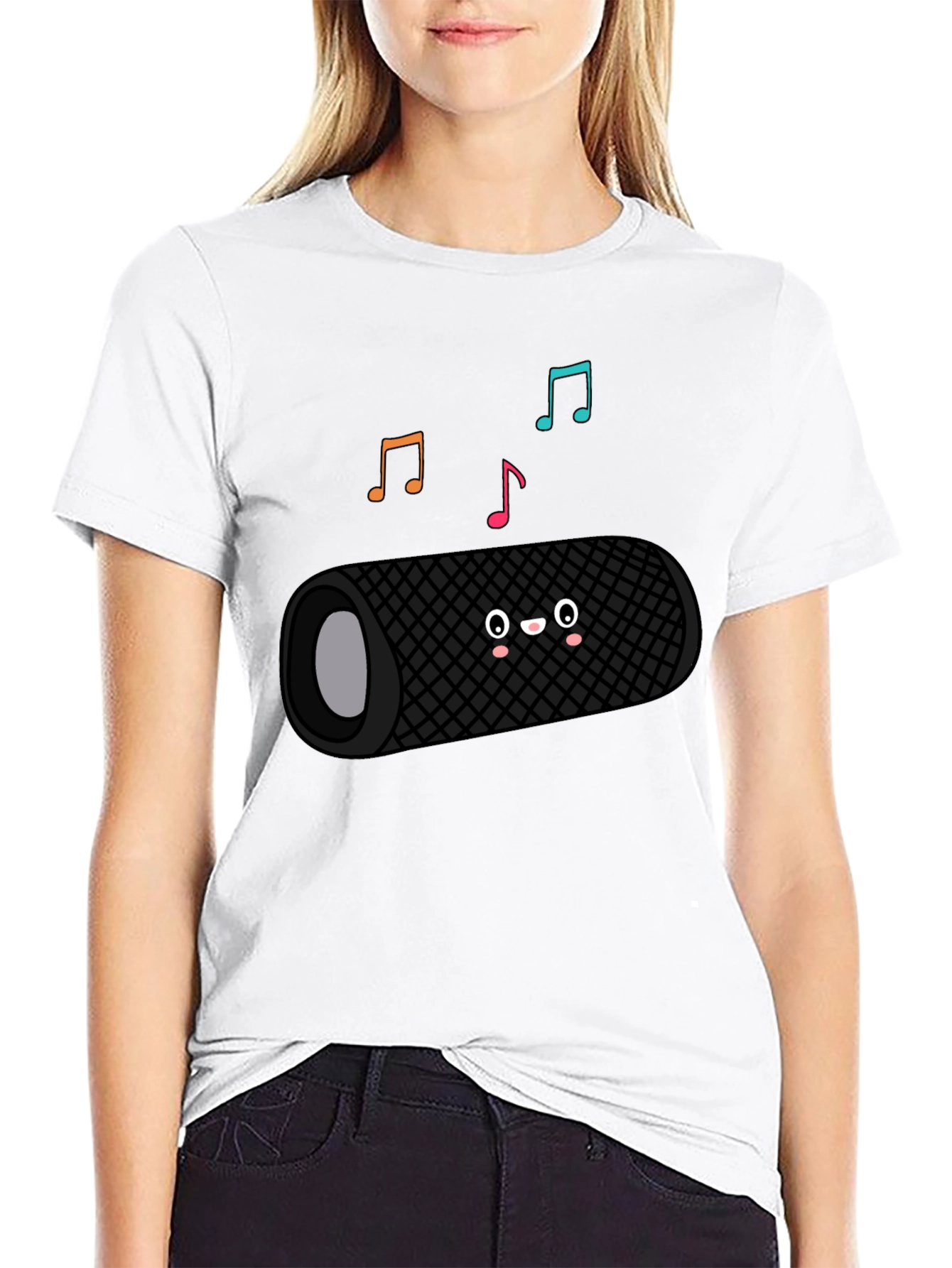 Cute Speaker Graphic Tee - Black Cotton Blend