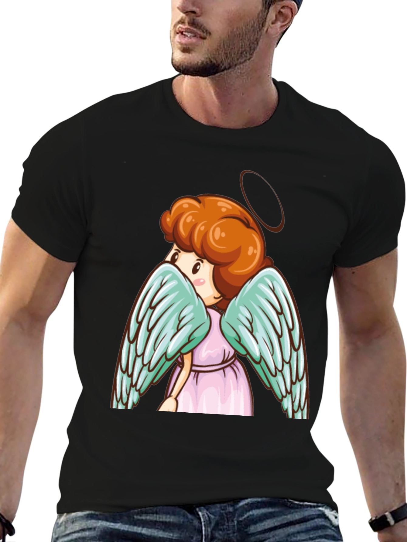 Angel Graphic Tee - Cute Cartoon Wings Black T-Shirt
