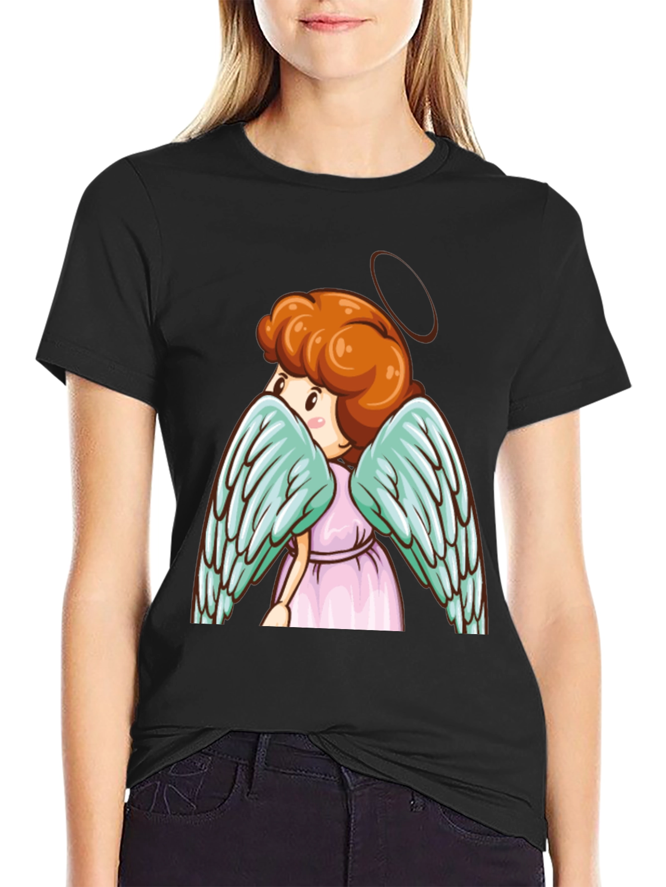 Angel Graphic Tee - Cute Cartoon Wings Black T-Shirt