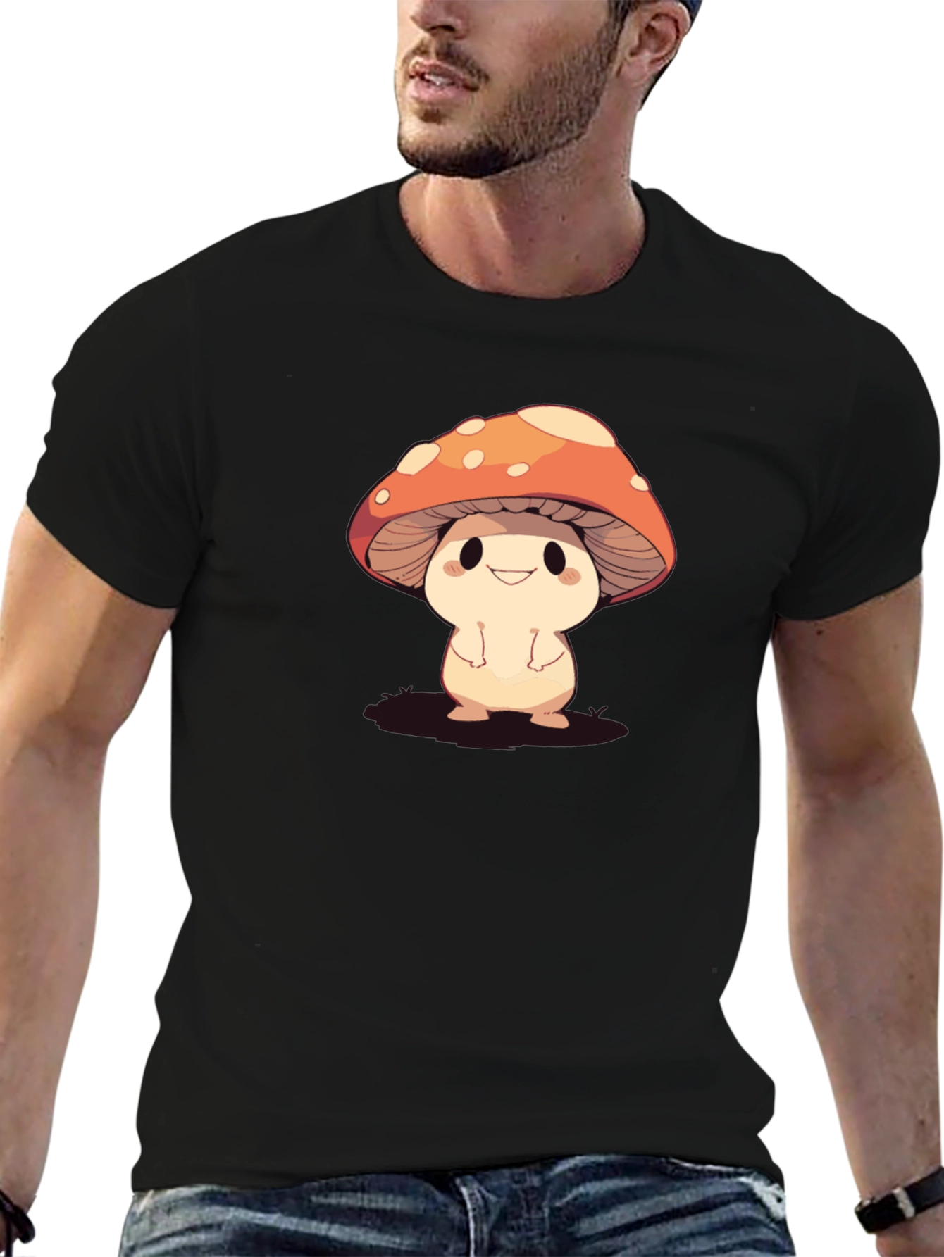 Cute Mushroom Graphic Black T-Shirt