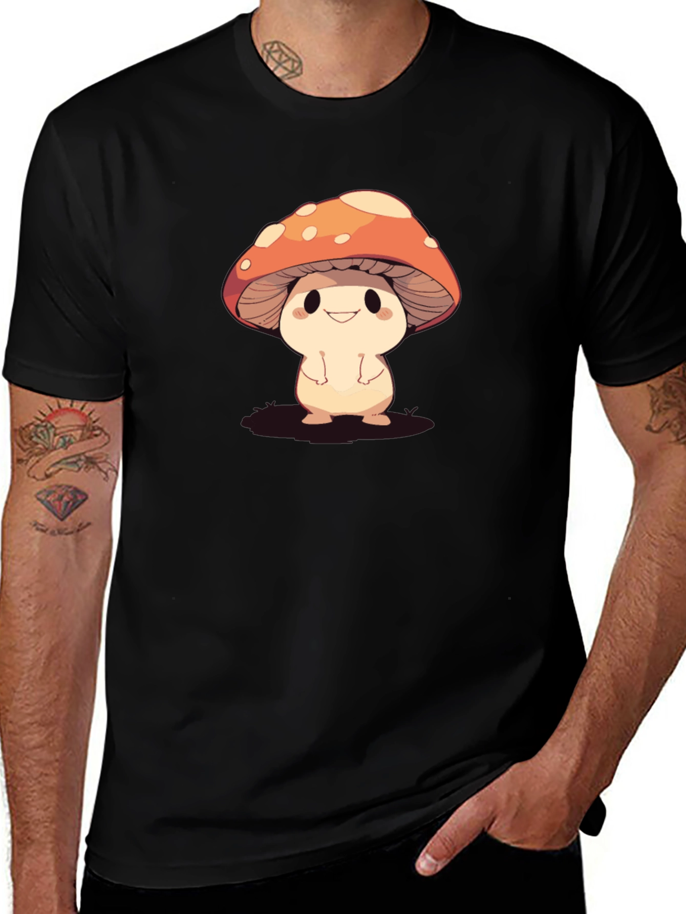 Cute Mushroom Graphic Black T-Shirt