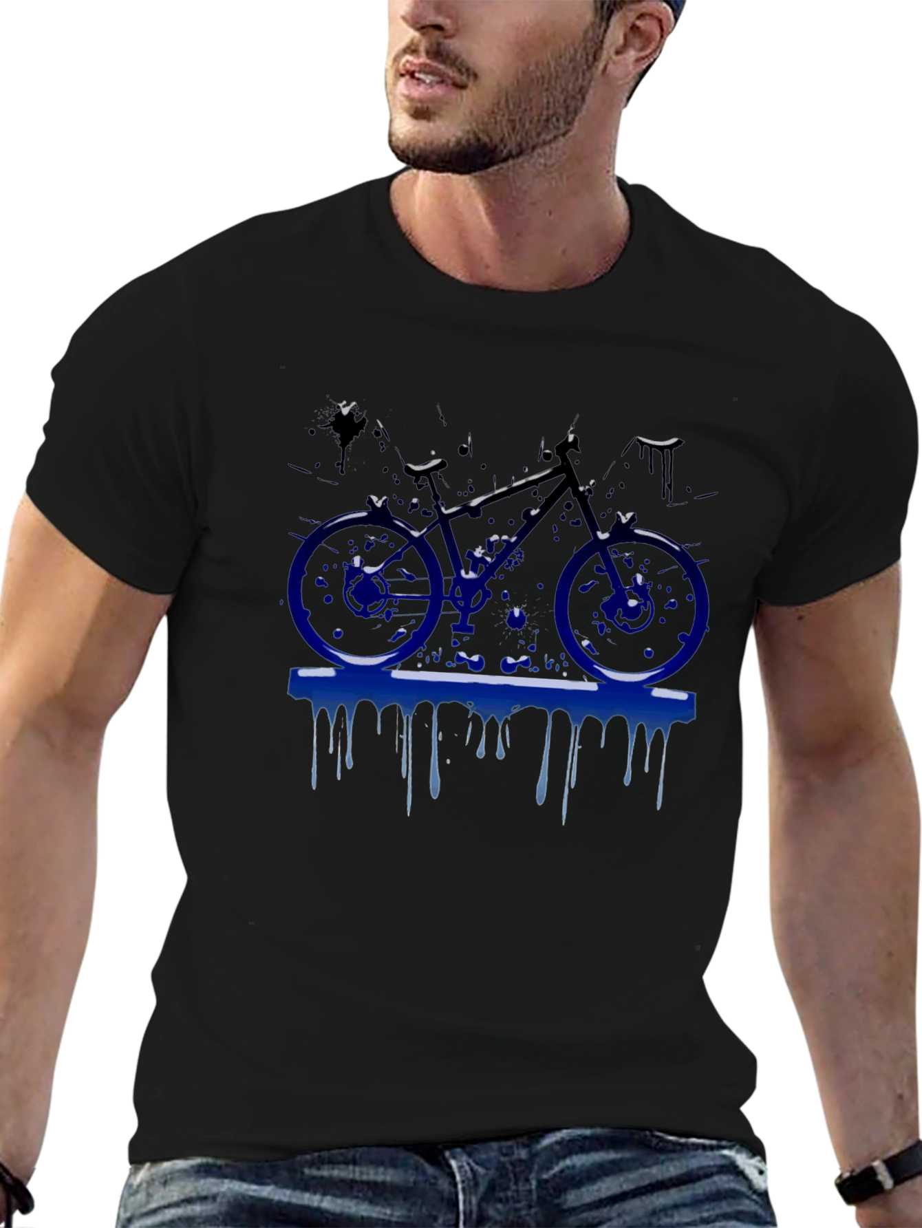Mens Black T-Shirt with Blue Bike Graphic