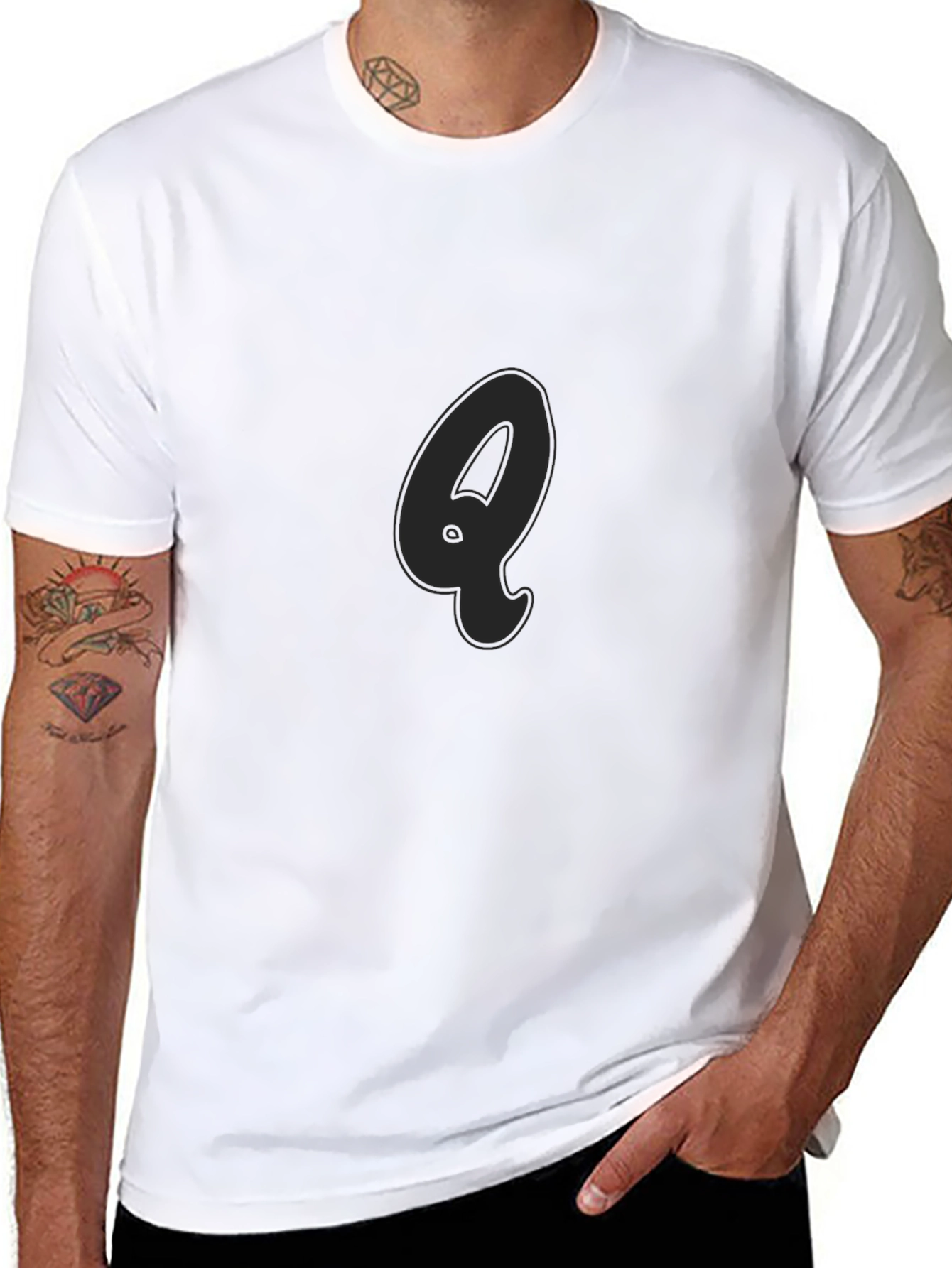 Mens Black T-Shirt with Letter Q Graphic