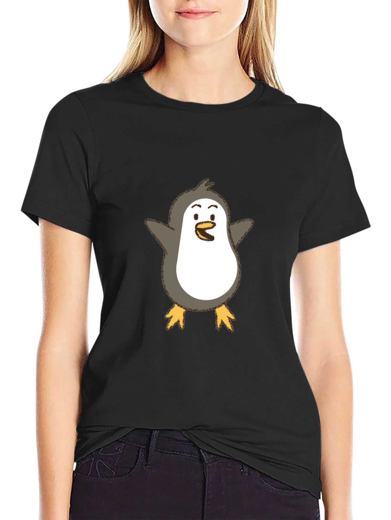 Cute Penguin Graphic Tee - Black Cotton Blend
