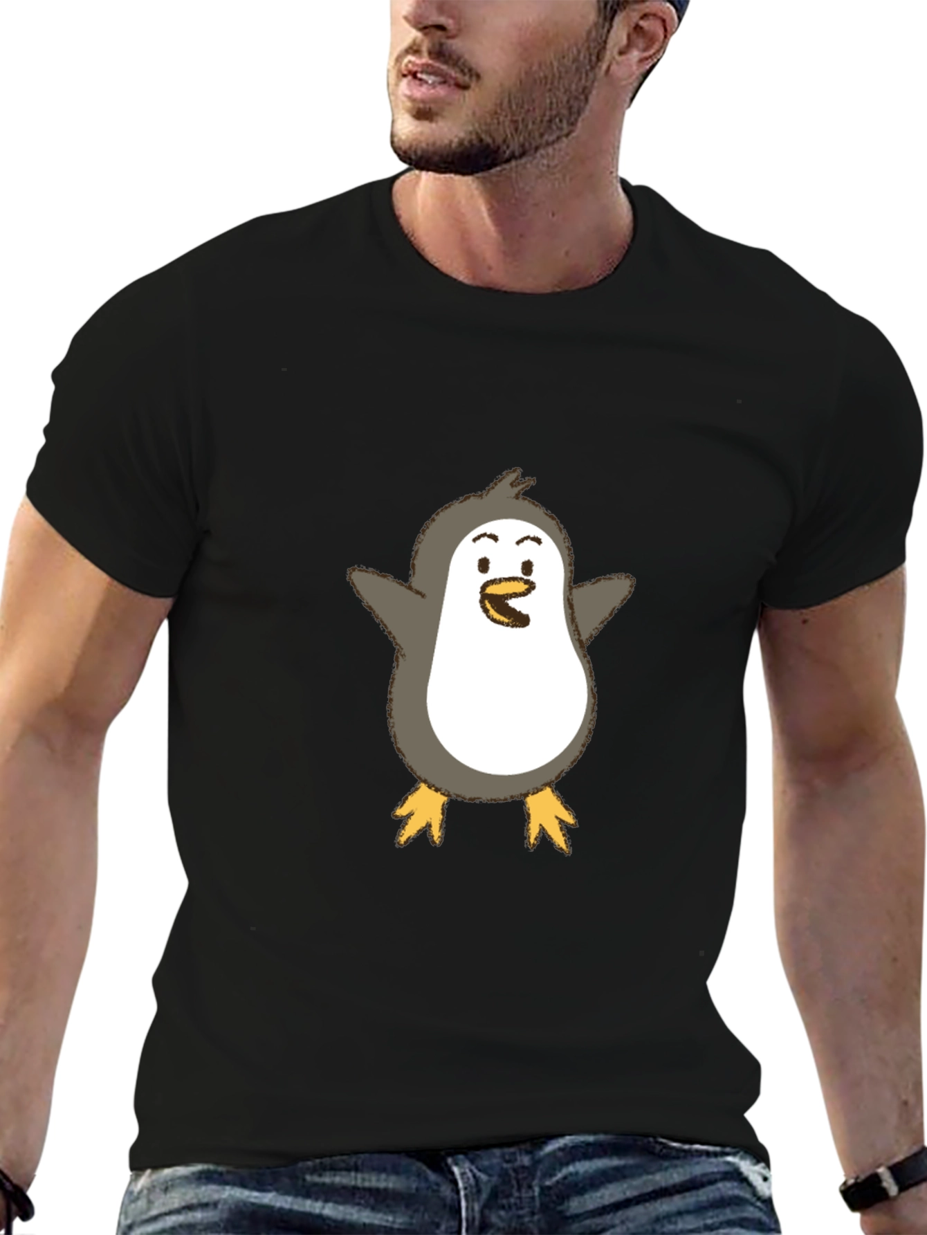 Cute Penguin Graphic Tee - Black Cotton Blend
