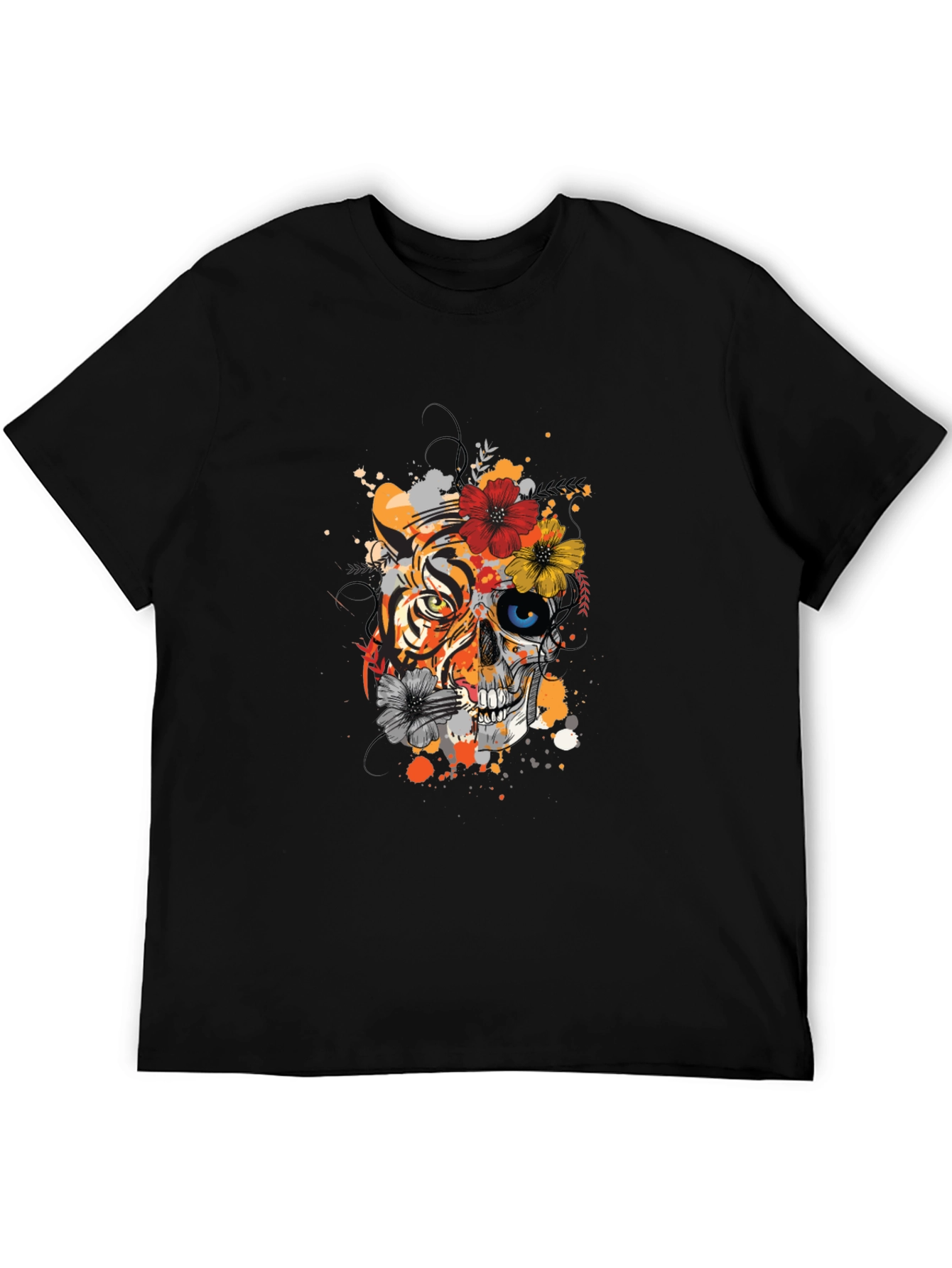 Tiger Skull Floral Print Black T-Shirt