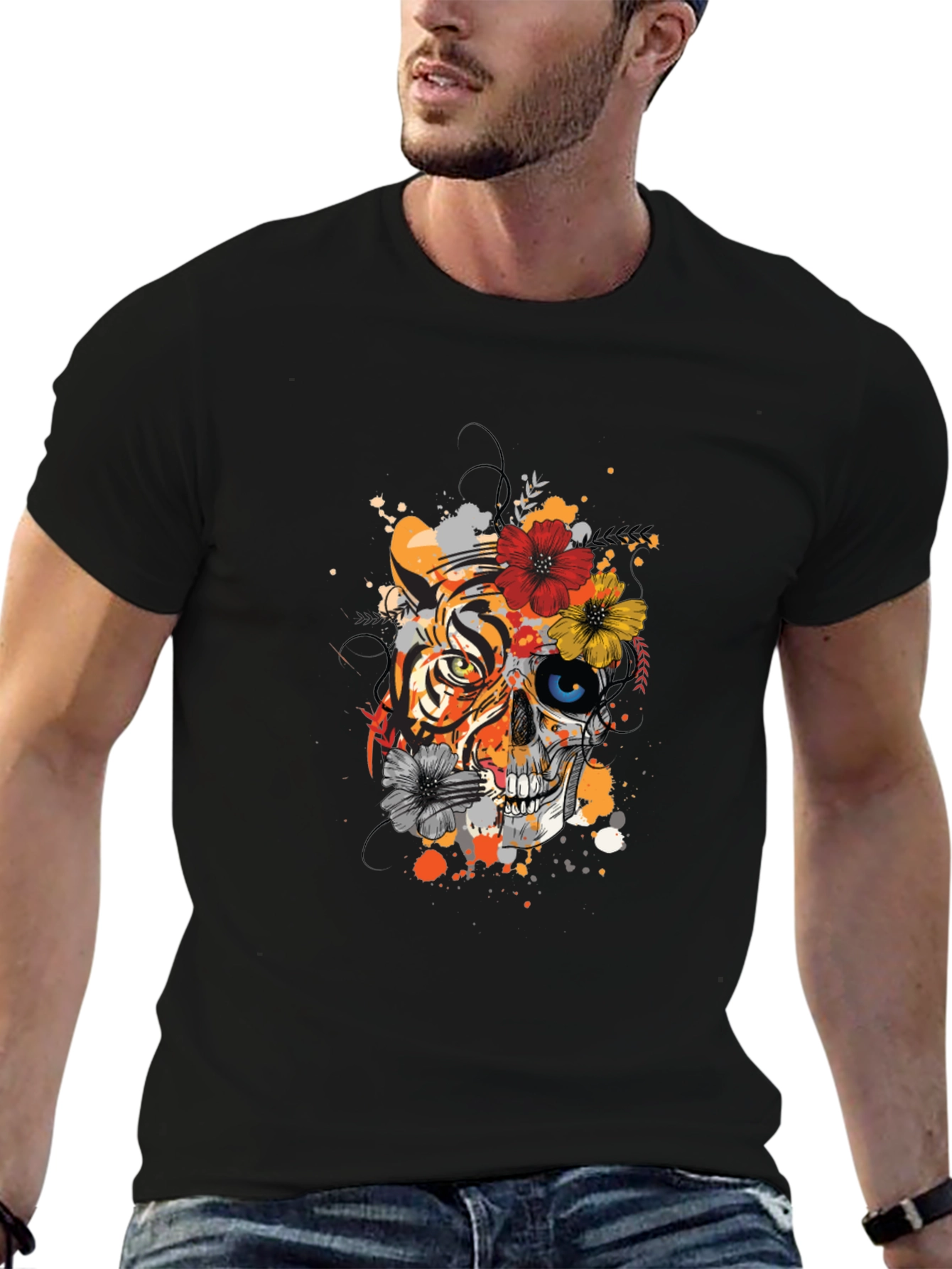Tiger Skull Floral Print Black T-Shirt