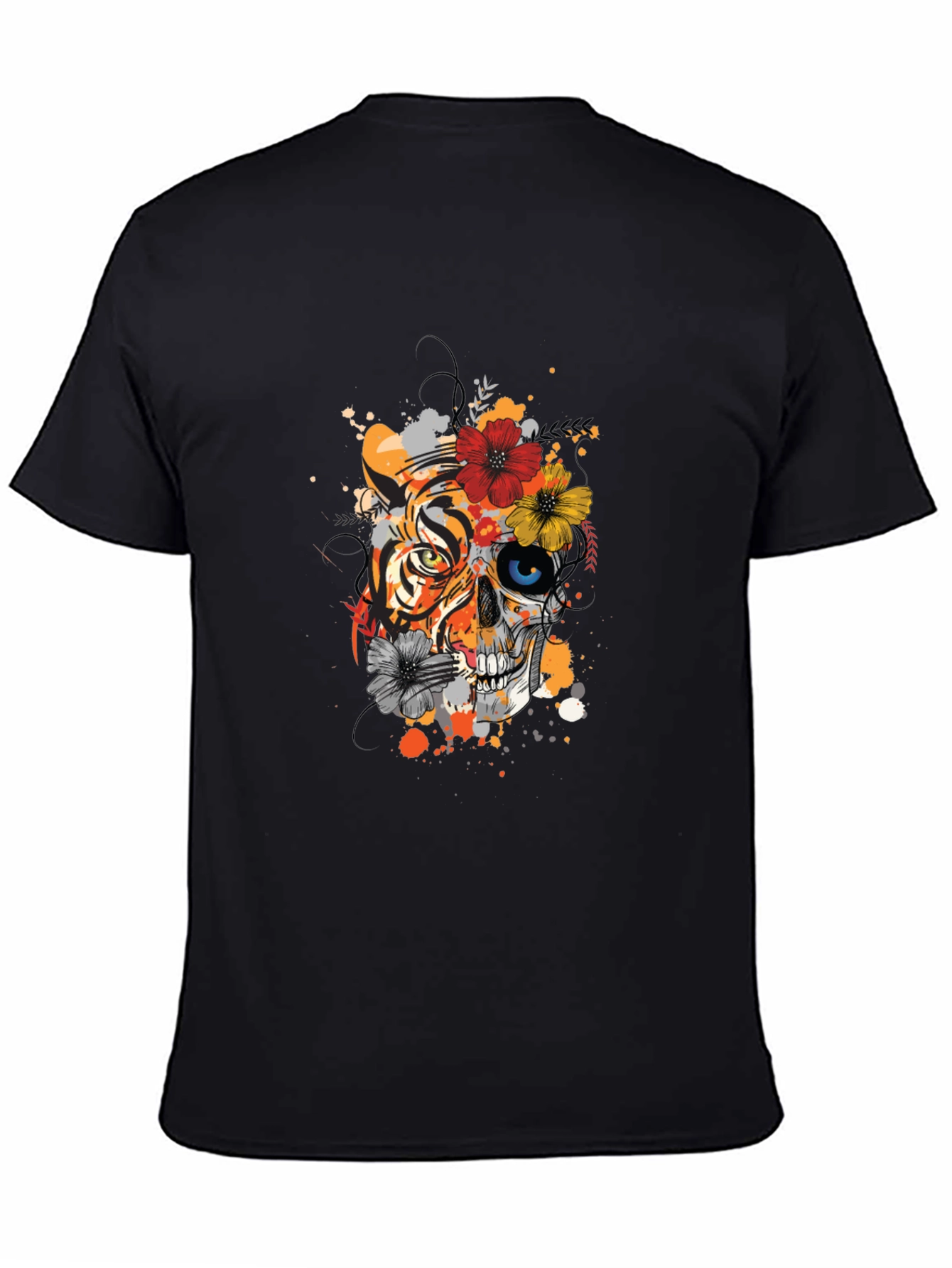 Tiger Skull Floral Print Black T-Shirt
