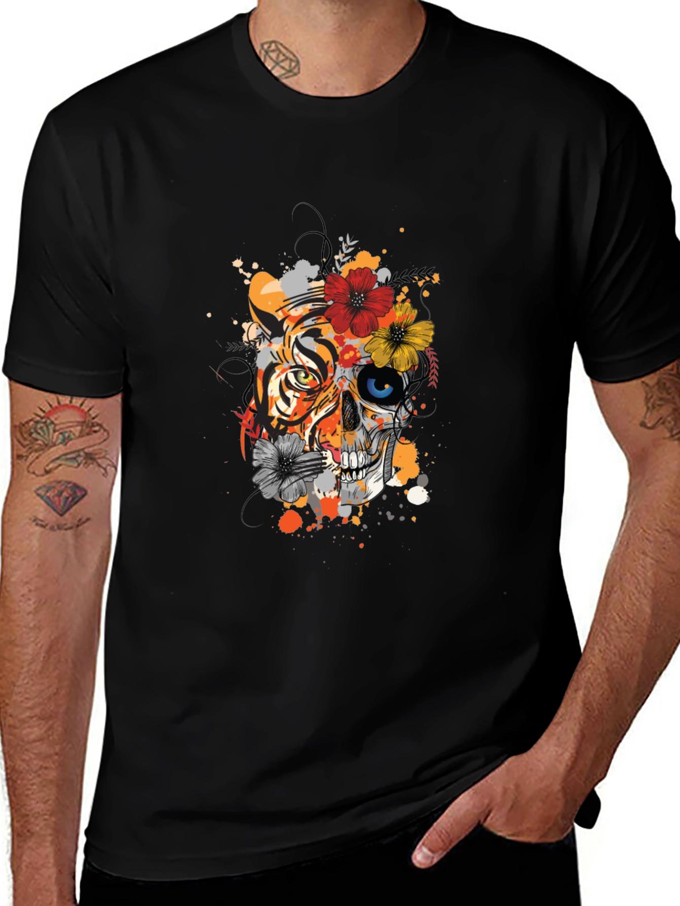 Tiger Skull Floral Print Black T-Shirt