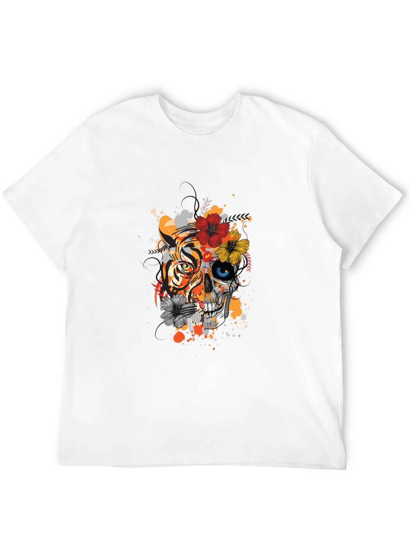 Tiger Skull Floral Print Black T-Shirt