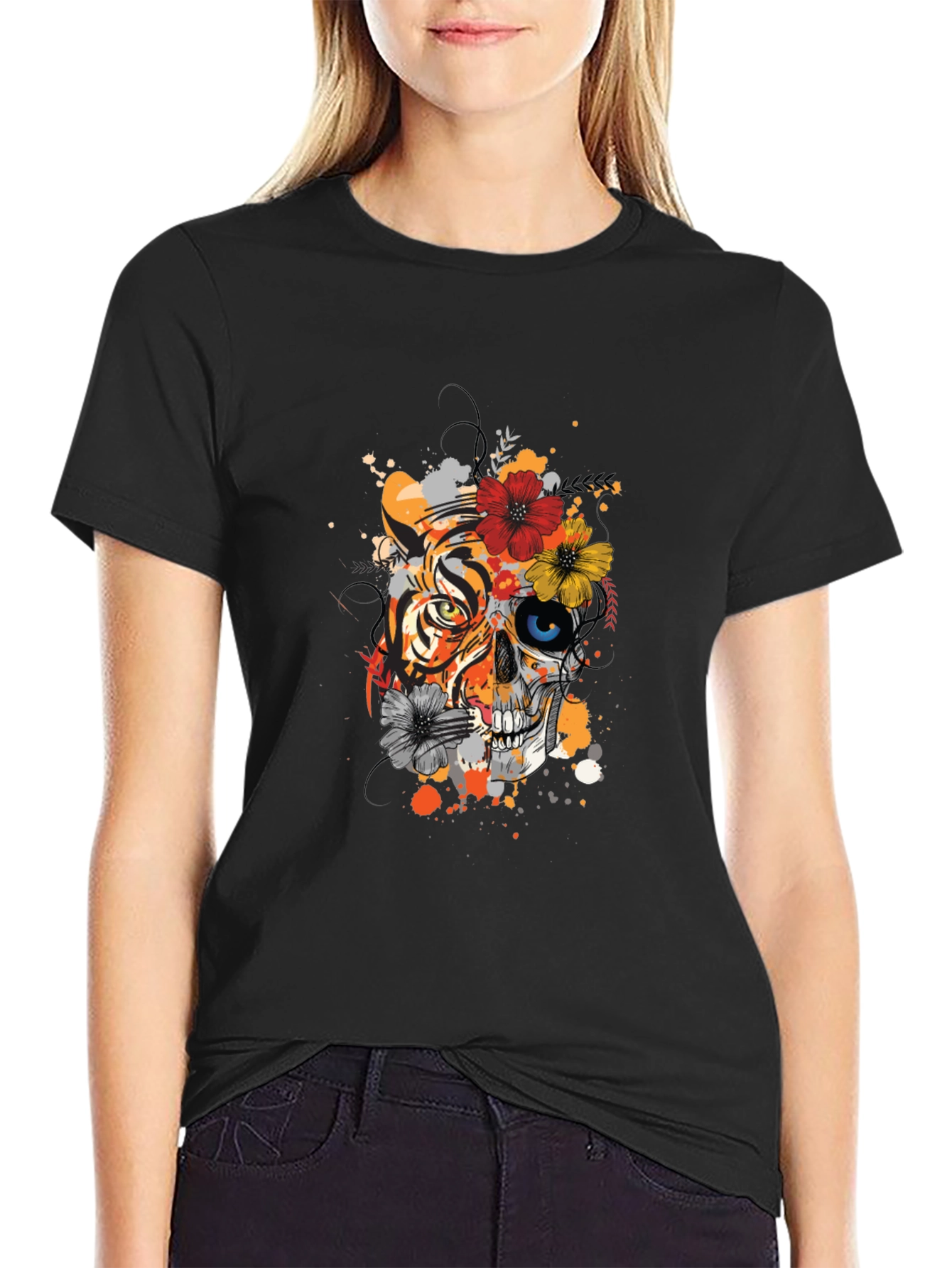 Tiger Skull Floral Print Black T-Shirt