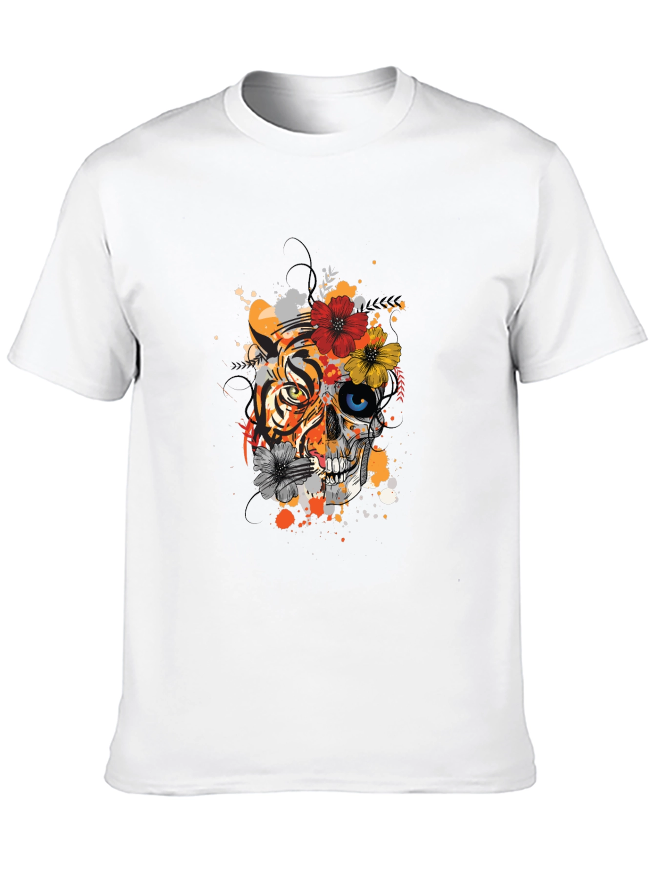 Tiger Skull Floral Print Black T-Shirt