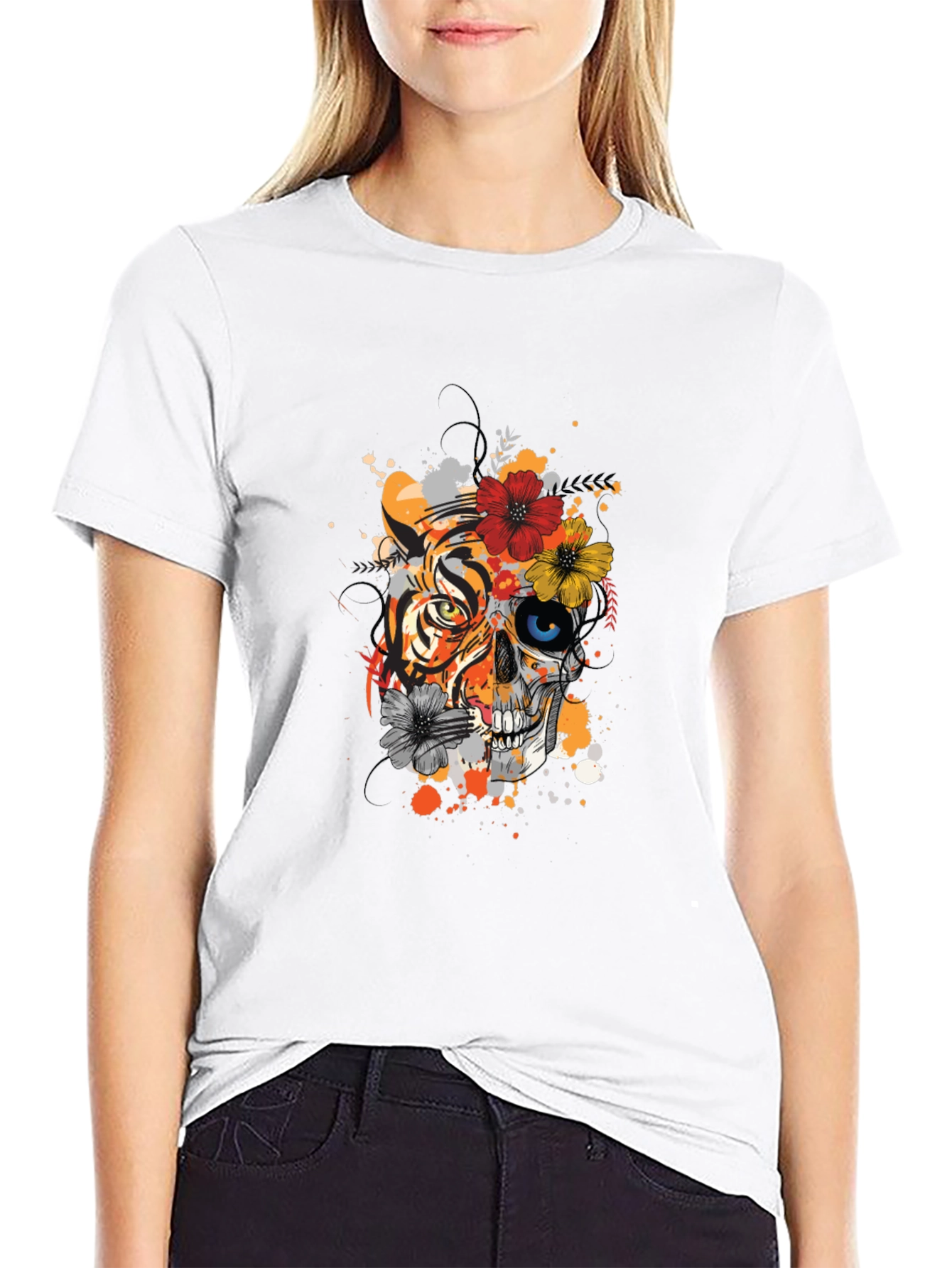 Tiger Skull Floral Print Black T-Shirt