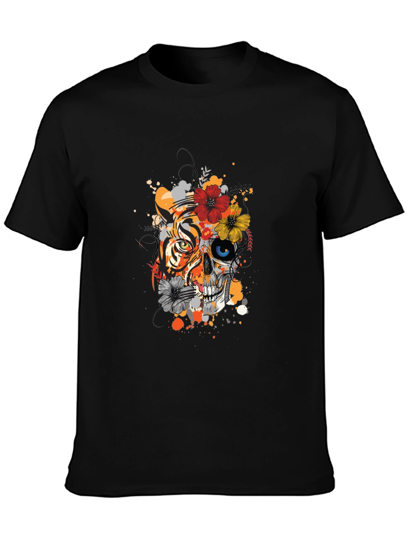 Tiger Skull Floral Print Black T-Shirt