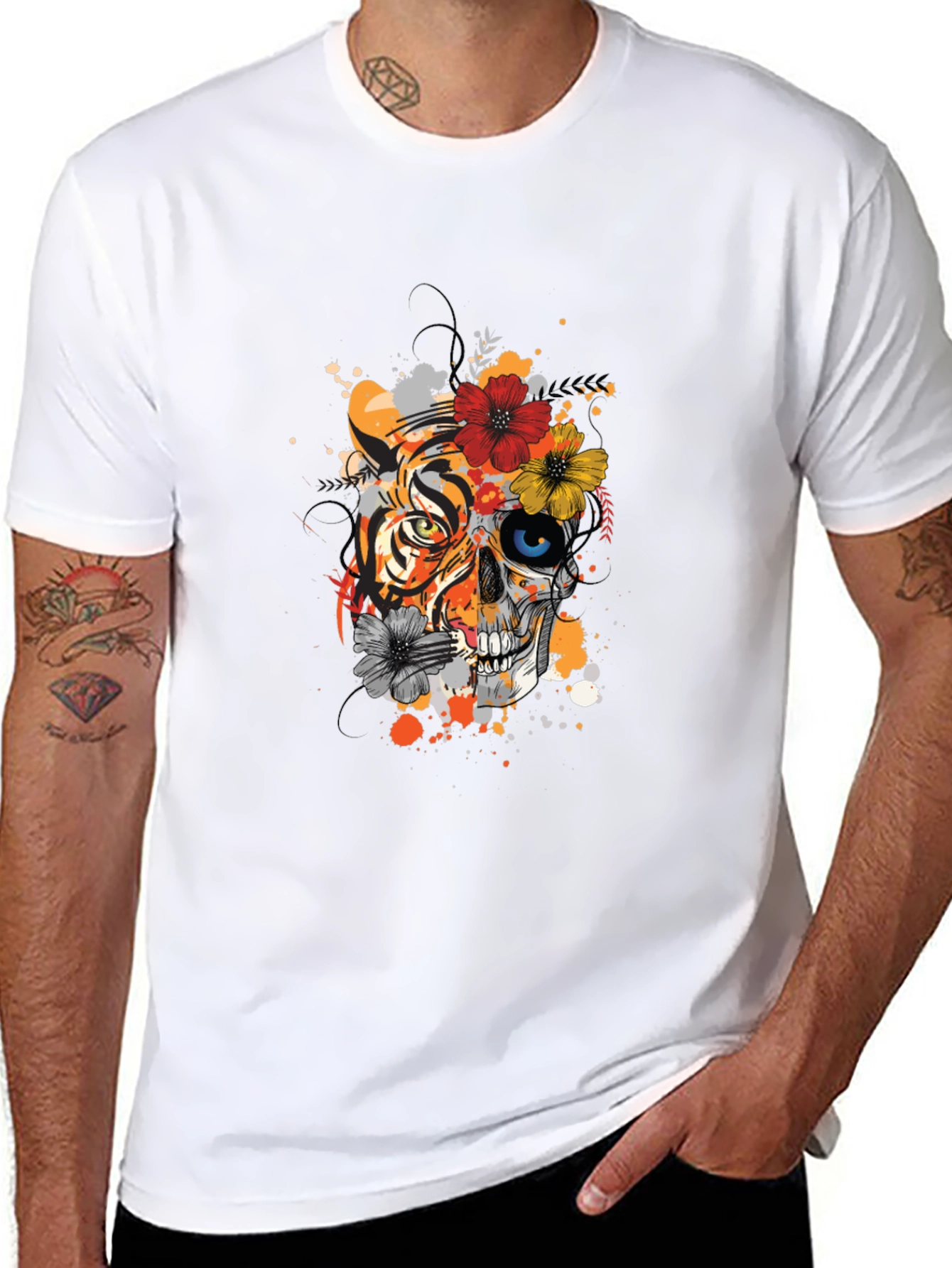 Tiger Skull Floral Print Black T-Shirt